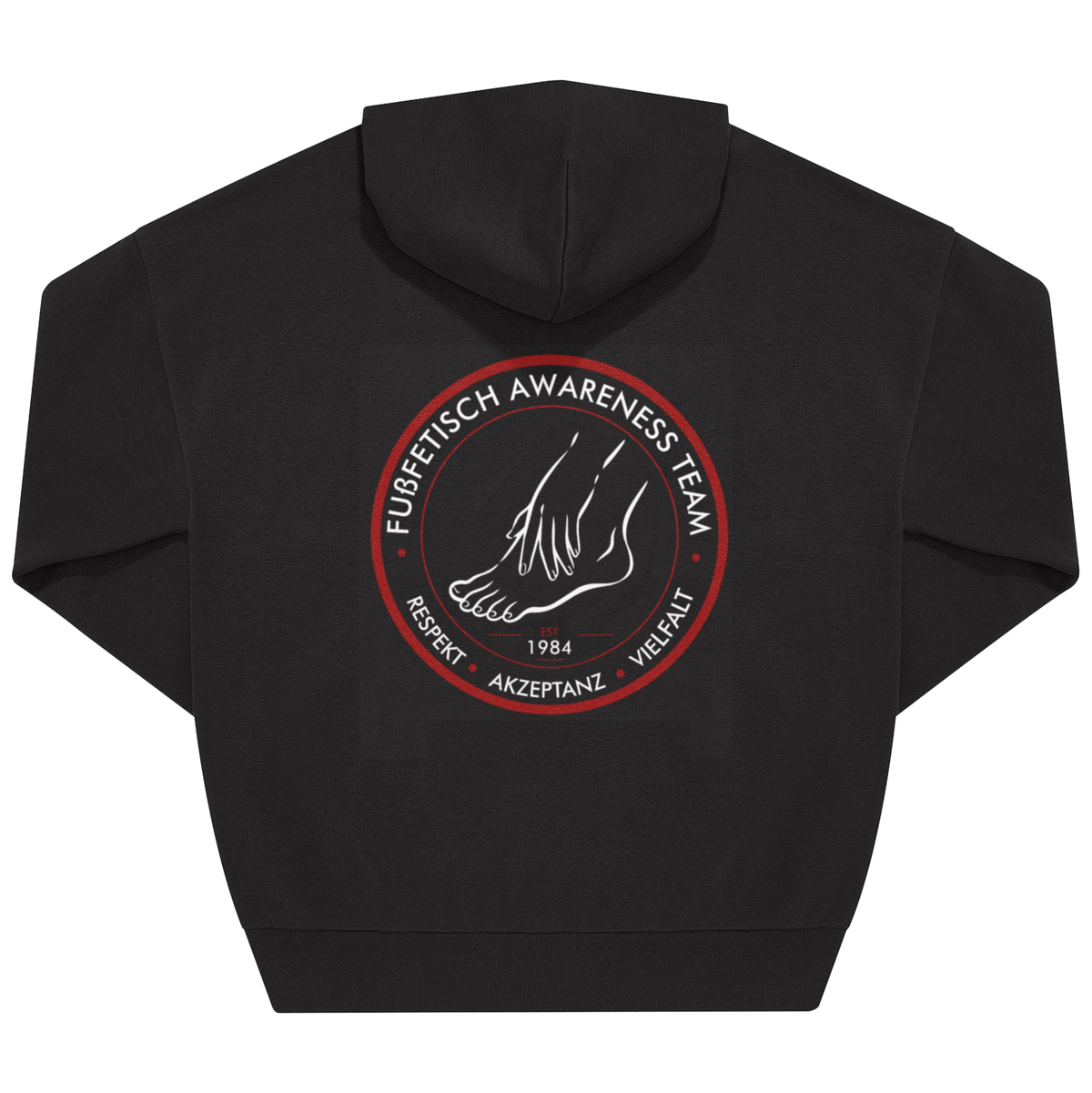 Rücken eines schwarzen Hoodies mit großem „Fußfetisch Awareness Team" Backprint, Füße-Grafik, Schriftzug „Respekt