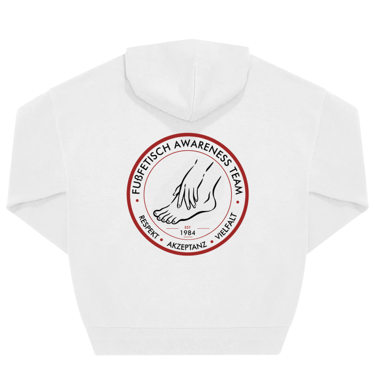 Rücken eines weißen Hoodies mit großem rundem „Fußfetisch Awareness Team" Backprint, Füße-Grafik, Schriftzug „Respekt