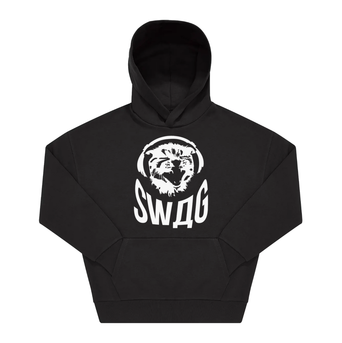 Schwarzer Hoodie mit weißem Frontprint: Katze mit Kopfhörern und Schriftzug „SWAG"
