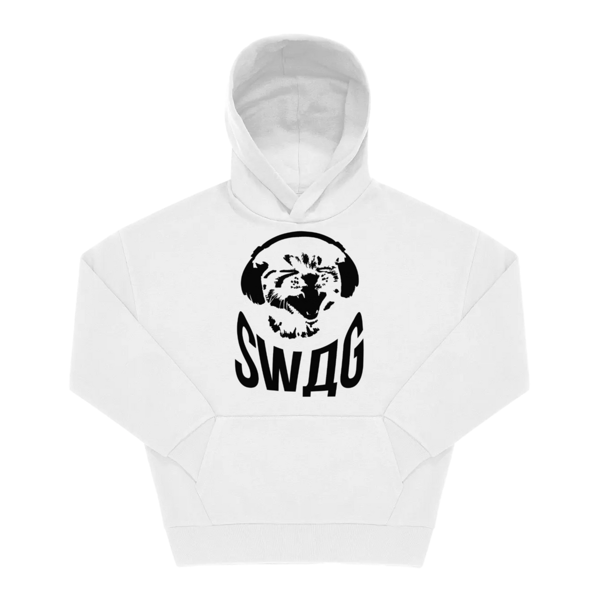 Weißer Hoodie mit schwarzem Frontprint: Katze mit Kopfhörern und Schriftzug „SWAG"
