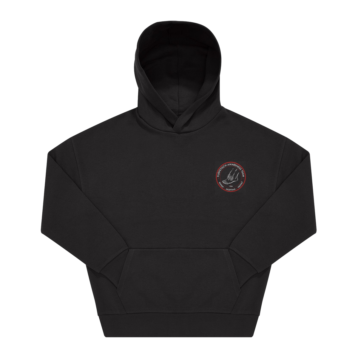 Schwarzer Hoodie mit kleinem rundem „Fußfetisch Awareness Team" Brustprint in Rot und Weiß, Frontansicht