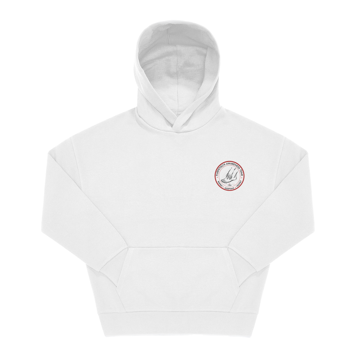 Weißer Hoodie mit rundem „Fußfetisch Awareness Team" Brustprint in Rot und Schwarz, Frontansicht