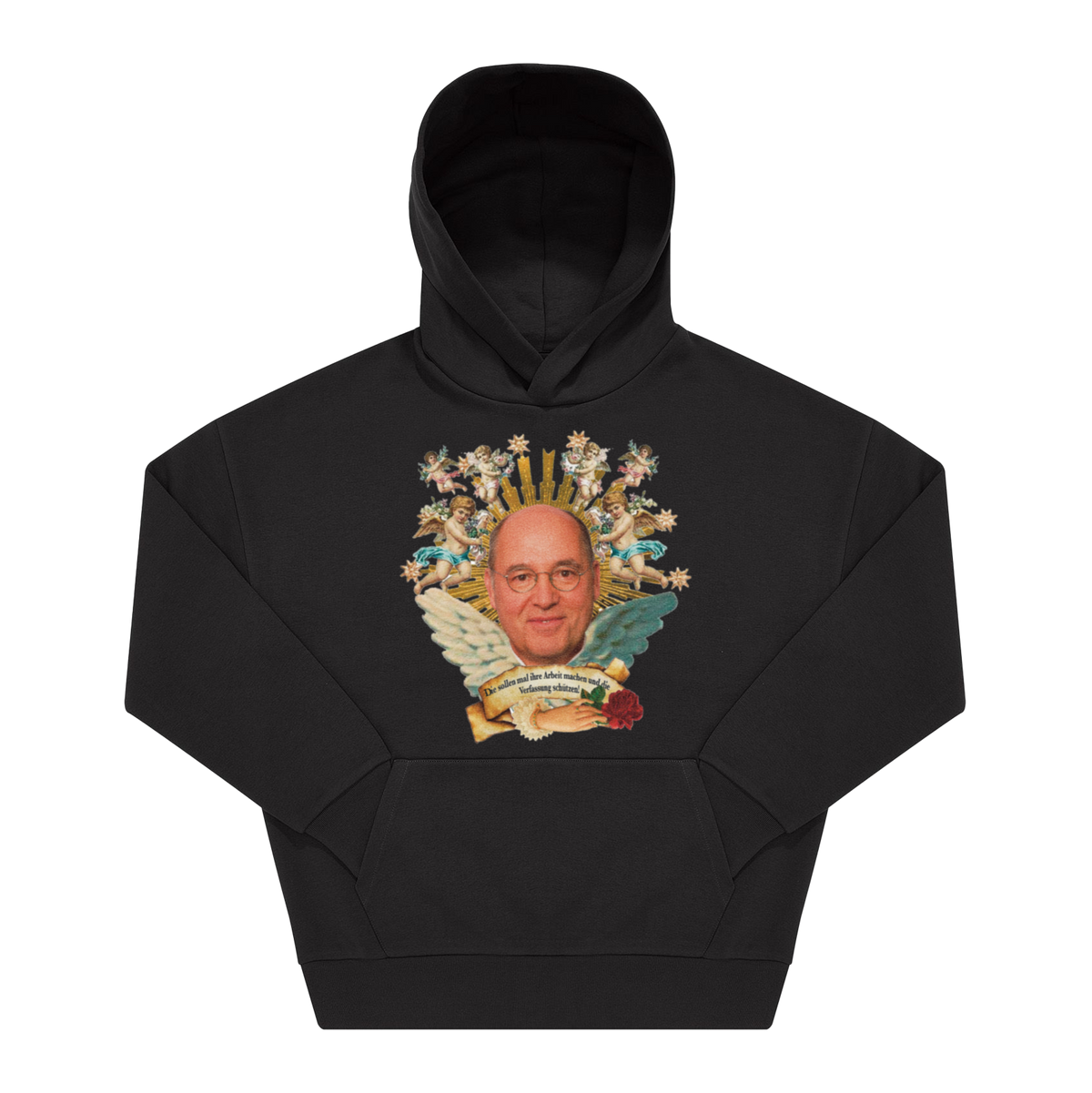 Schwarzer Hoodie mit Frontprint: Porträt von Gregor Gysi umrahmt von Engeln, Goldstrahlen und Schriftband mit Spruch zur