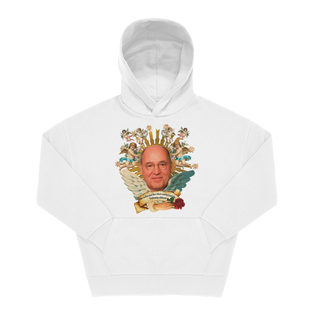 Weißer Hoodie mit Frontprint: Porträt von Gregor Gysi in religiös-barockem Grafikstil, Engel, Goldstrahlen und Schriftband