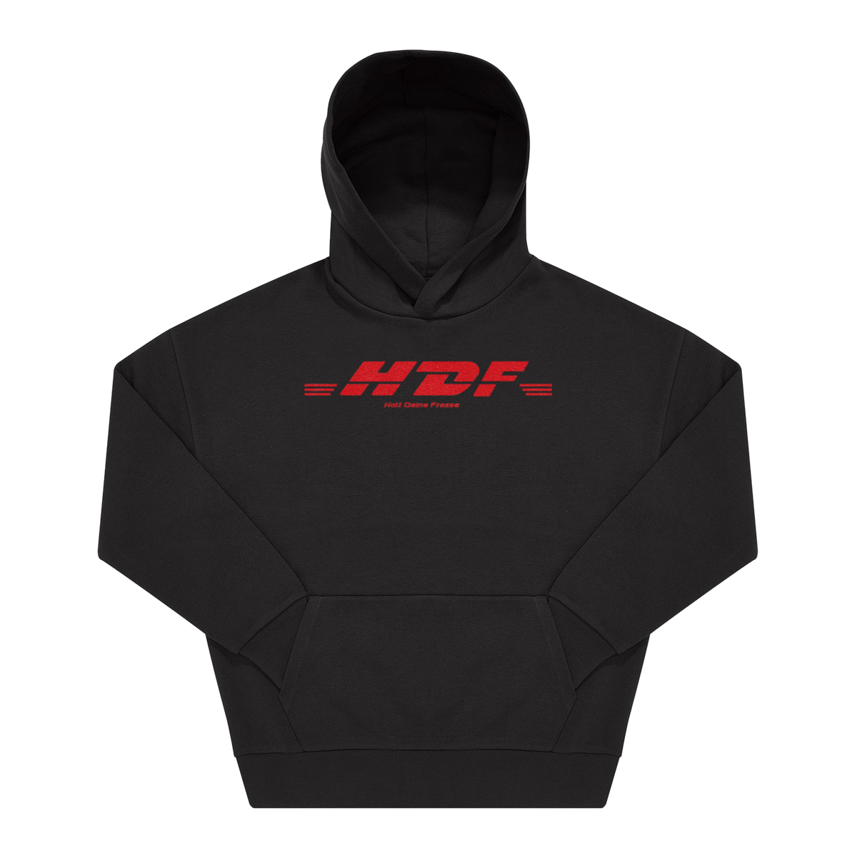Schwarzer Hoodie mit rotem Frontprint „HDF" in fettem Kursivschrift-Logo, darunter klein „Halt Deine Fresse"