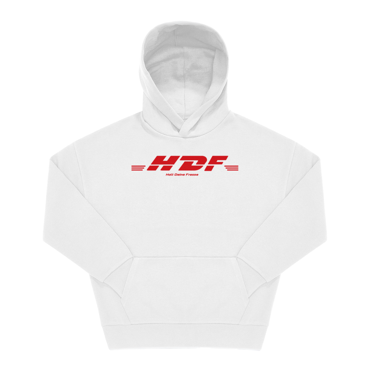 Weißer Hoodie mit rotem Frontprint „HDF" in fettem Kursivschrift-Logo, darunter klein „Halt Deine Fresse"