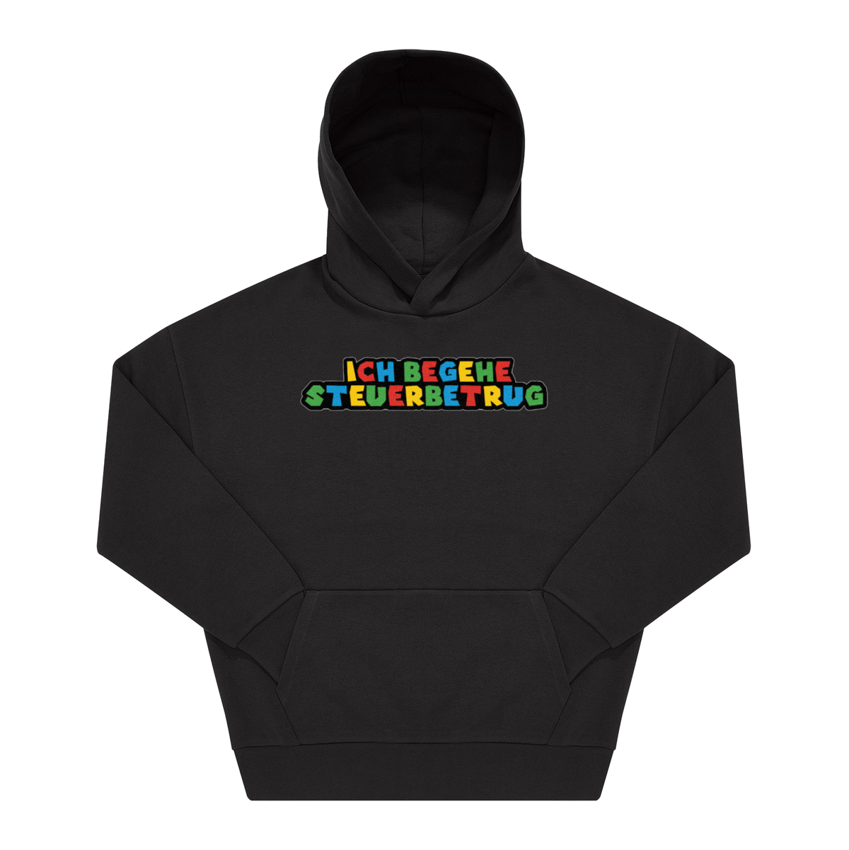 Schwarzer Hoodie mit Frontprint „Ich Begehe Steuerbetrug" in bunten Retro-Gaming-Blockbuchstaben