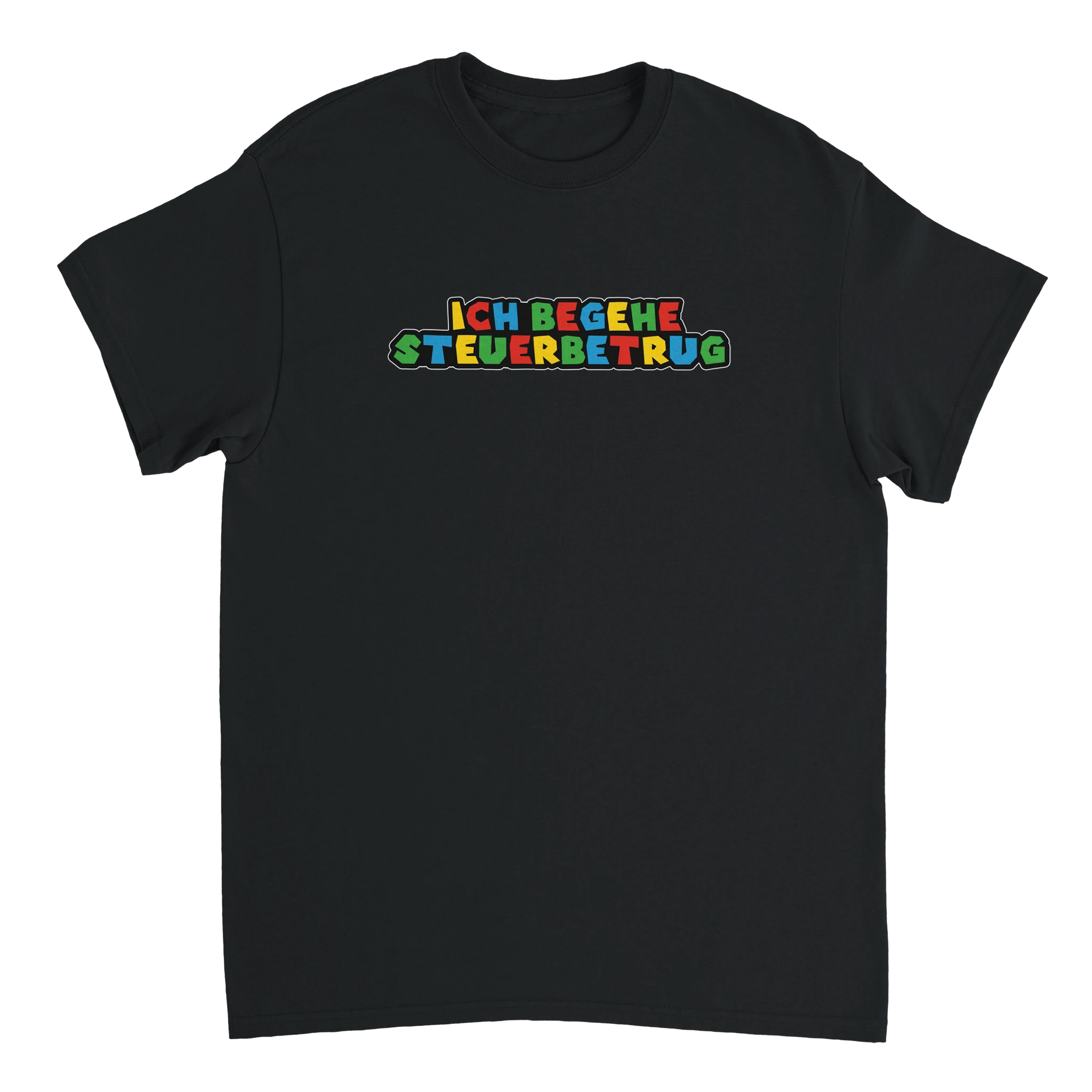 schwarzes Ich begehe Steuerbetrug T-Shirt in Super Mario Style Schrift