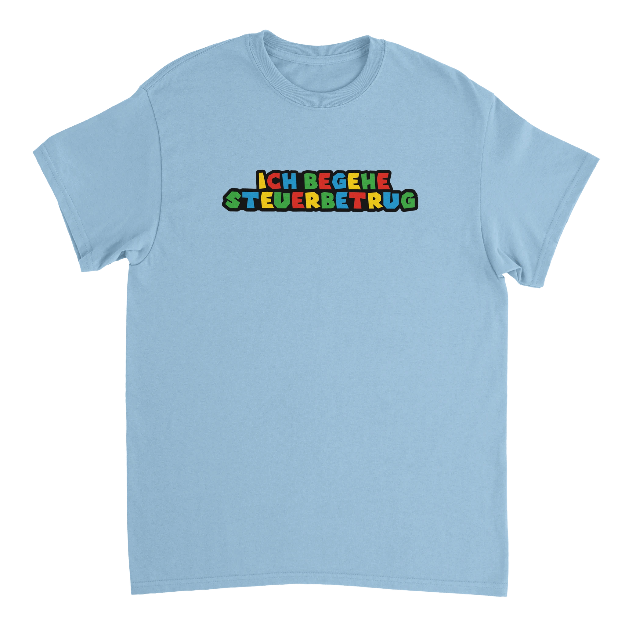 hellblaues Ich begehe Steuerbetrug T-Shirt in Super Mario Style Schrift