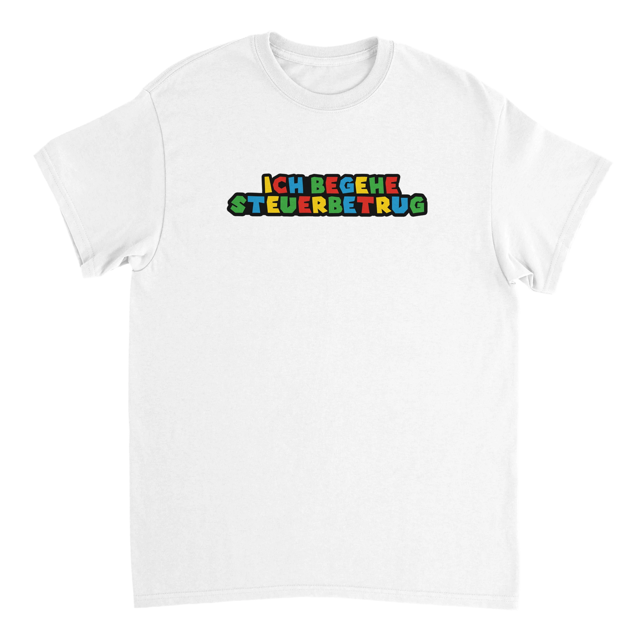 weisses Ich begehe Steuerbetrug T-Shirt in Super Mario Style Schrift