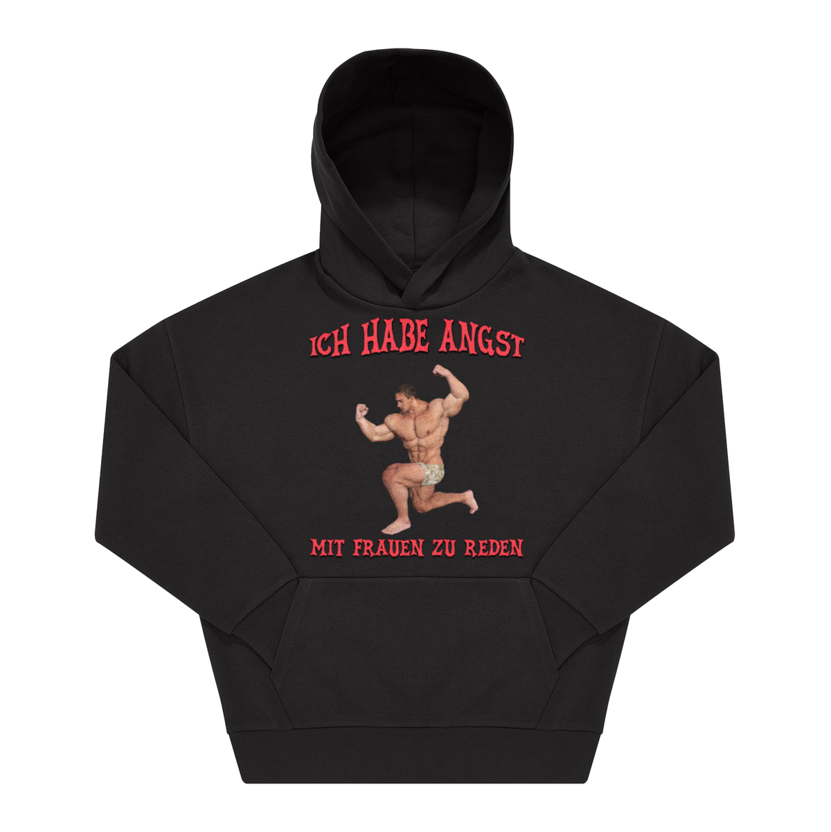 Schwarzer Hoodie mit Frontprint: Bodybuilder-Grafik und Spruch „Ich habe Angst mit Frauen zu reden" in roter Serifenschrift