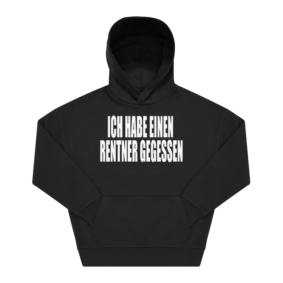 Schwarzer Hoodie mit Frontprint „Ich habe einen Rentner gegessen" in weißer Blockschrift