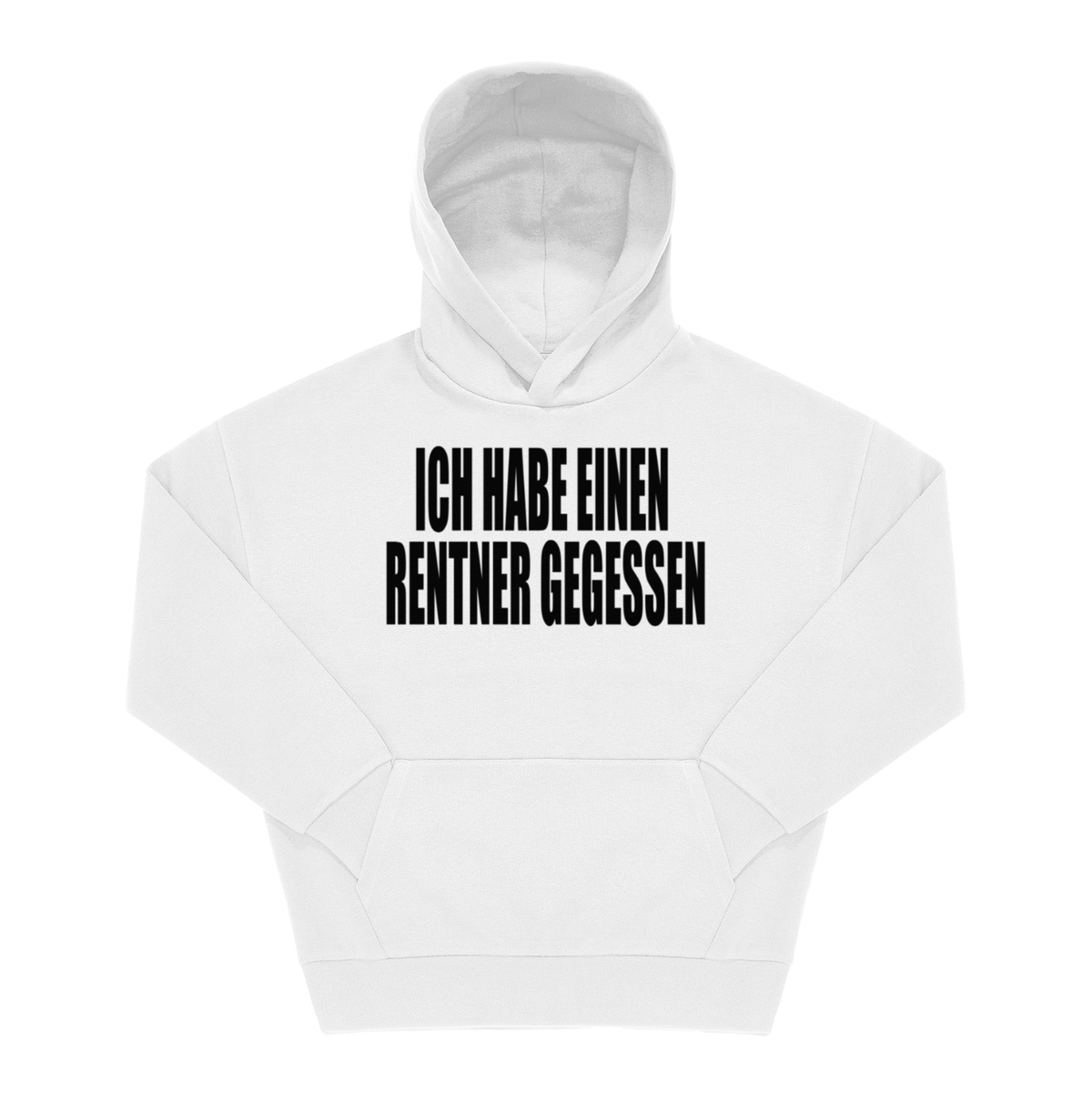 Weißer Hoodie mit Frontprint „Ich habe einen Rentner gegessen" in schwarzer Blockschrift