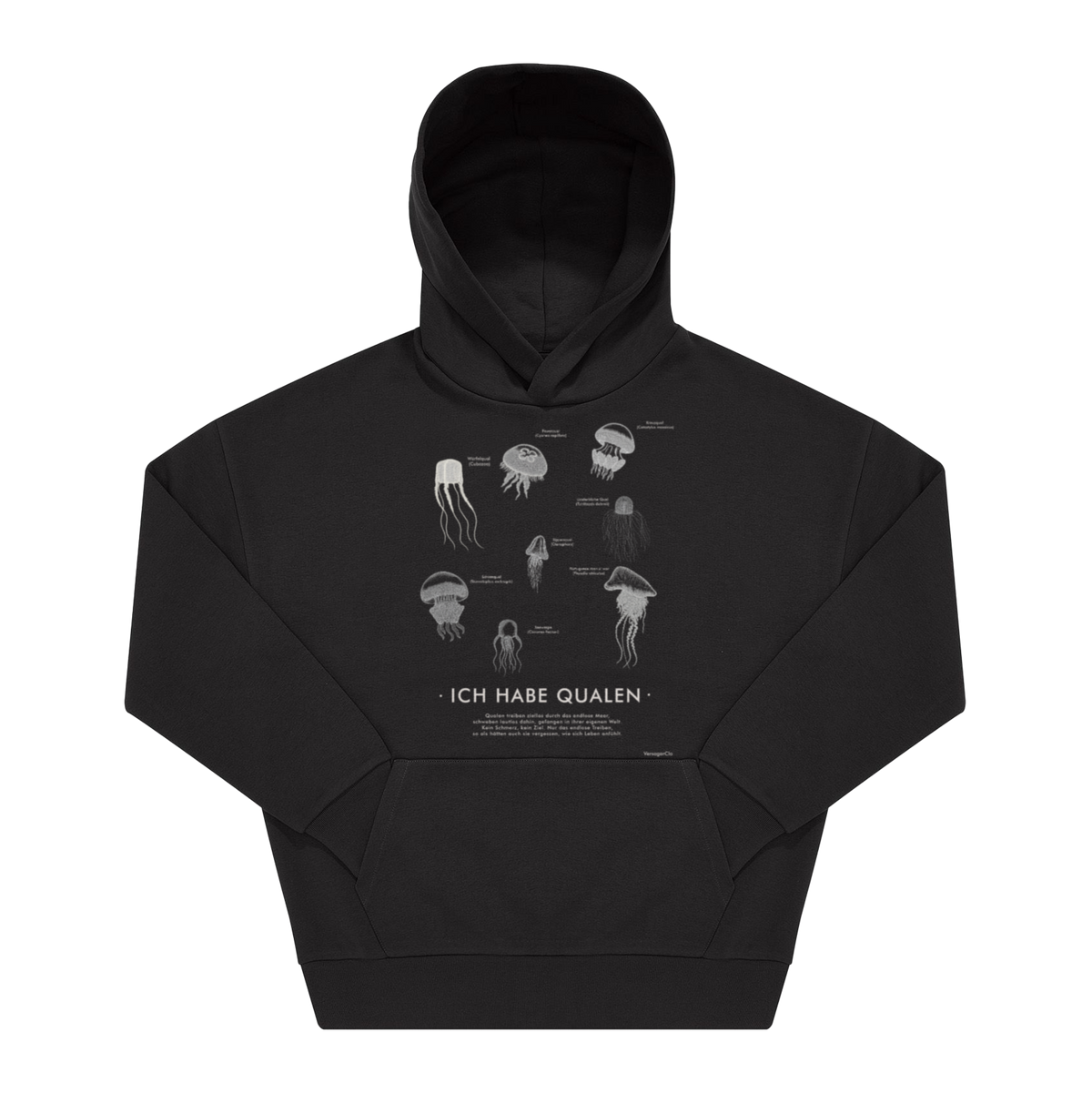 Schwarzer Hoodie mit Spruch „Ich habe Qualen", grauer Quallen-Illustration und beschrifteten Quallen-Arten als Frontprint