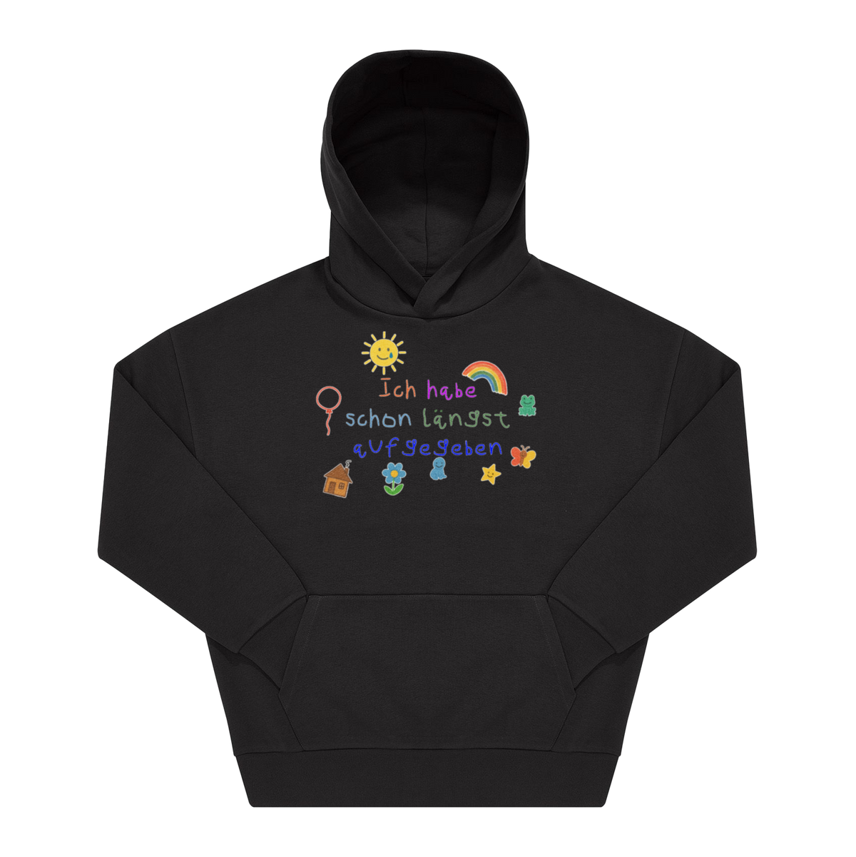 Schwarzer Hoodie mit Frontprint „Ich habe schon längst aufgegeben" in bunter Kinderschrift mit Kritzelmotiven