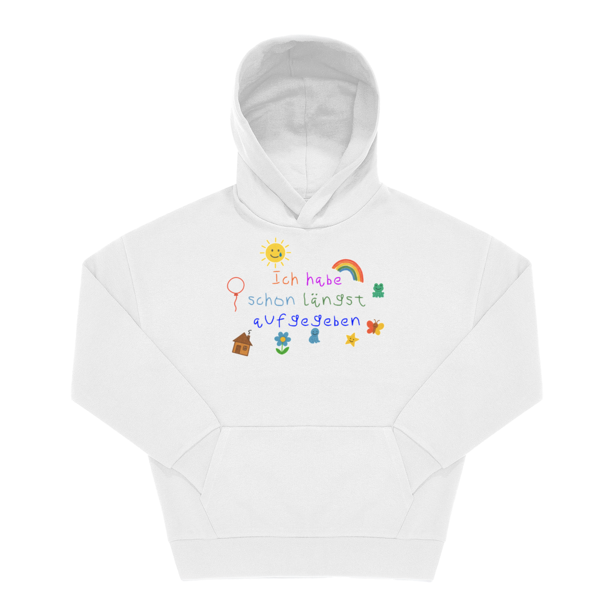 Weißer Hoodie mit Frontprint „Ich habe schon längst aufgegeben" in bunter Kinderschrift mit Kritzelmotiven