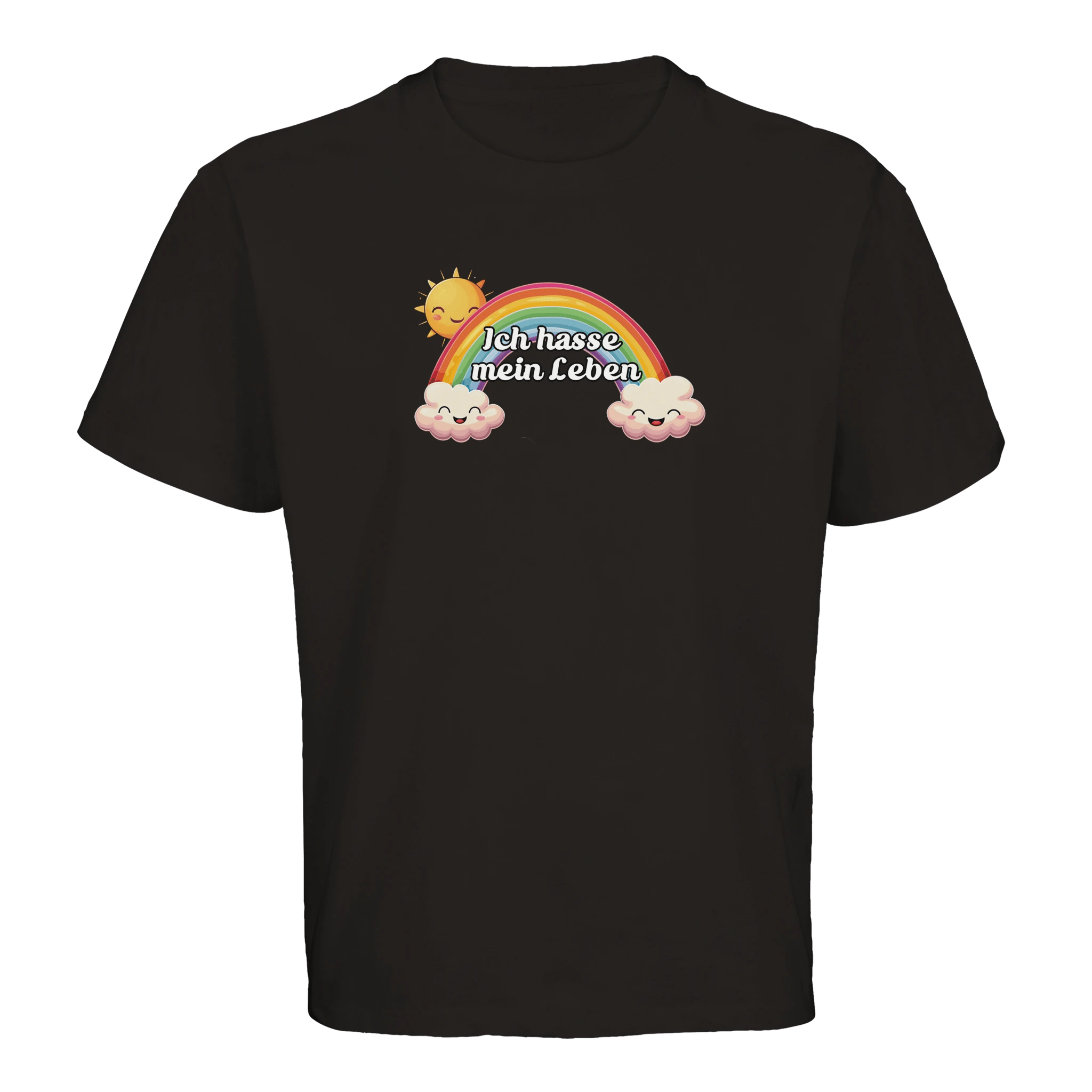 Ich hasse mein Leben Oversized T-Shirt in schwarz mit Regenbogen, glücklicher Sonne und Wolken