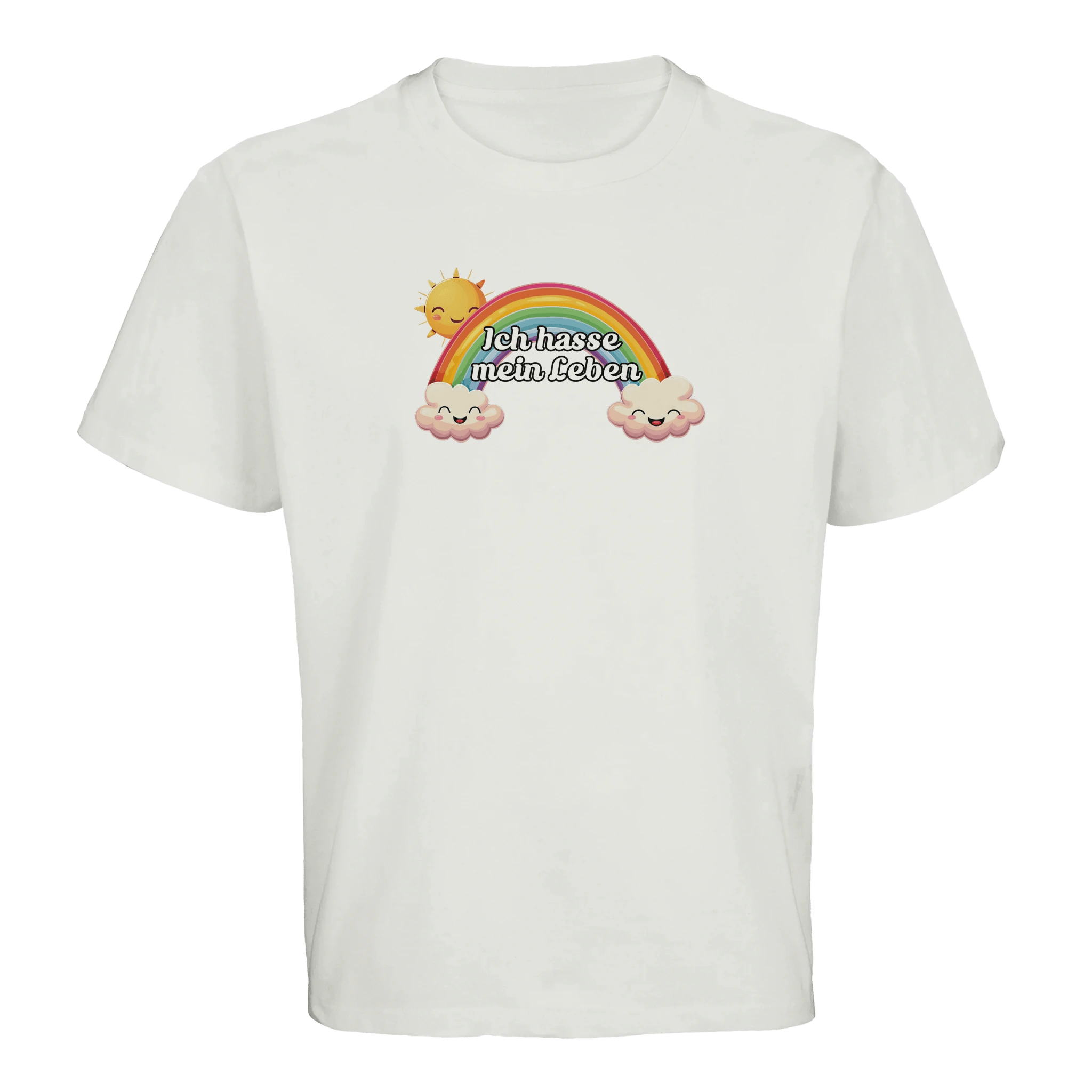 Ich hasse mein Leben Oversized T-Shirt in weiß mit Regenbogen, glücklicher Sonne und Wolken