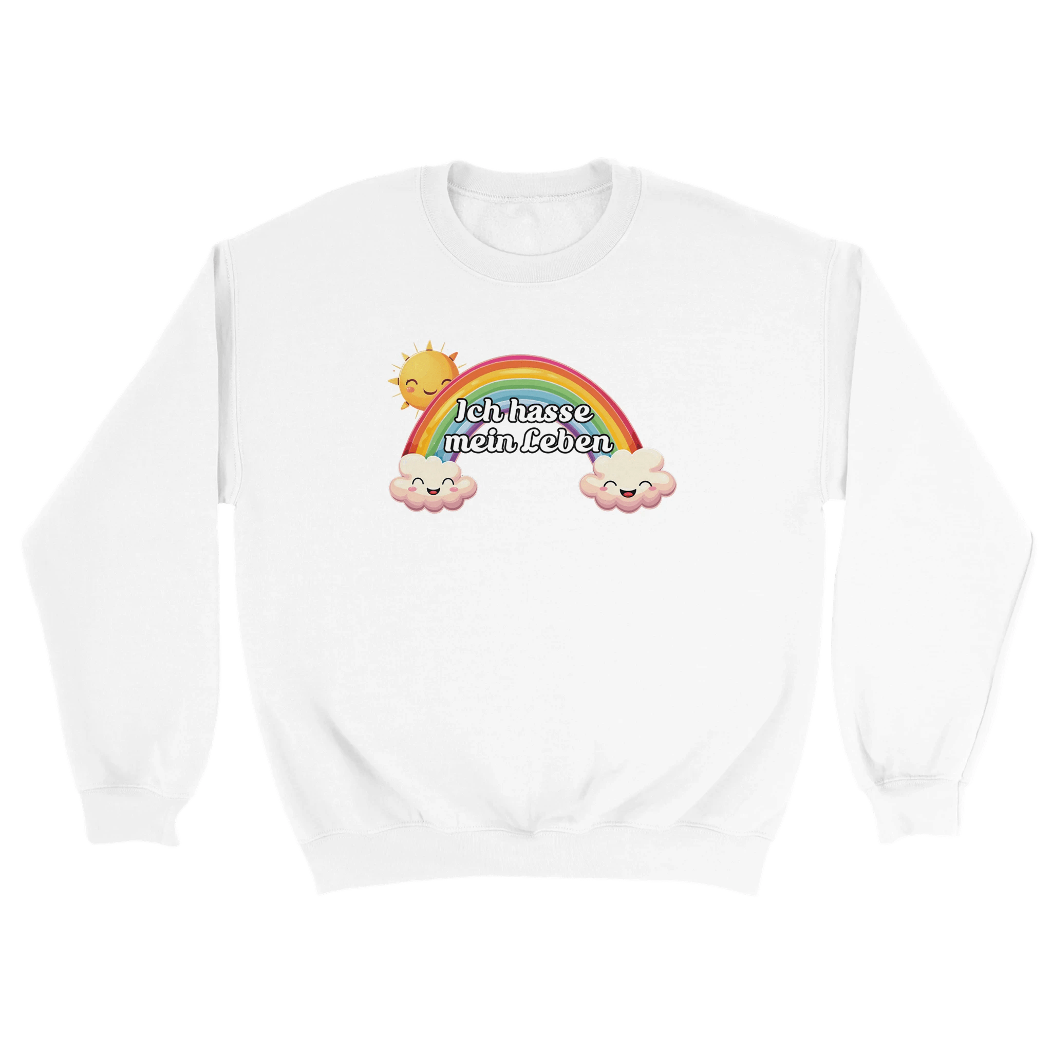 weißer Sweater mit einer glücklichen Sonne, Regenbogen und glücklichen Wolken mit der Aufschrift Ich hasse mein Leben