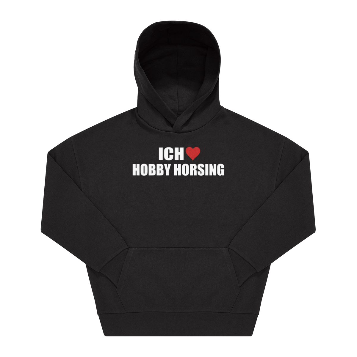 Schwarzer Hoodie mit Frontprint „Ich ♥ Hobby Horsing" in weißer Blockschrift mit rotem Herz