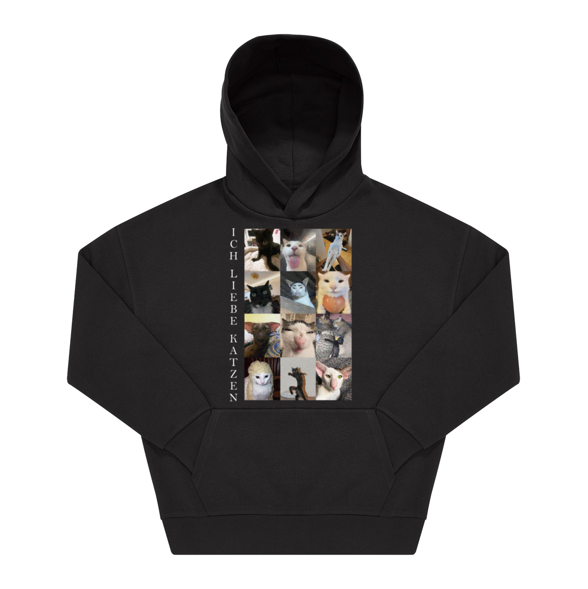 Schwarzer Hoodie mit Frontprint: Katzen-Meme-Collage und Schriftzug „Ich Liebe Katzen" vertikal in Serifenschrift.