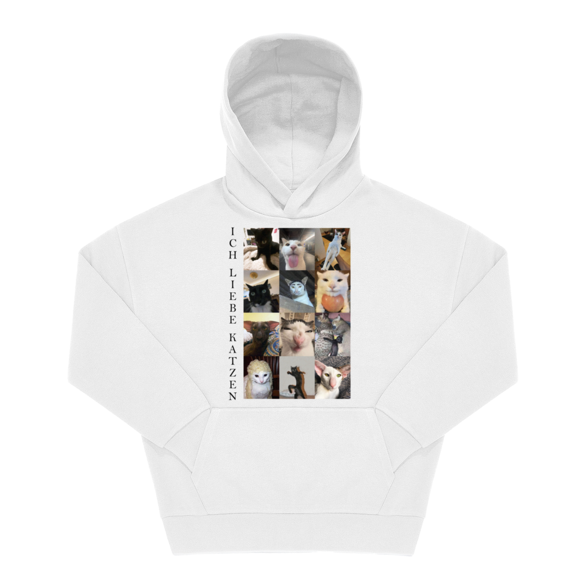Weißer Hoodie mit Frontprint: Katzen-Meme-Collage und Schriftzug „Ich Liebe Katzen" vertikal in Serifenschrift.