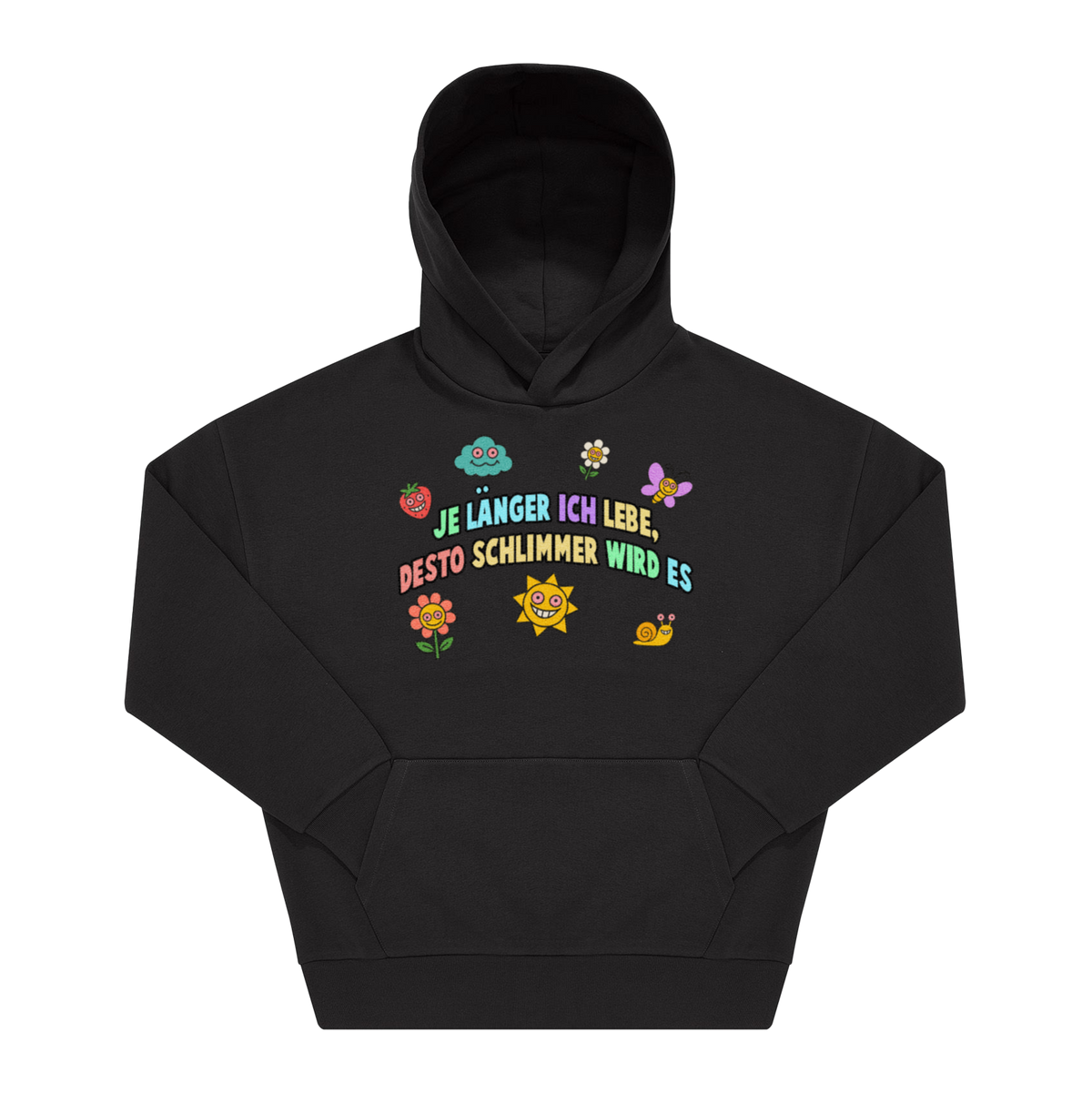 Schwarzer Hoodie mit Spruch „Je länger ich lebe, desto schlimmer wird es", bunter Schrift und Comic-Figuren als Frontprint