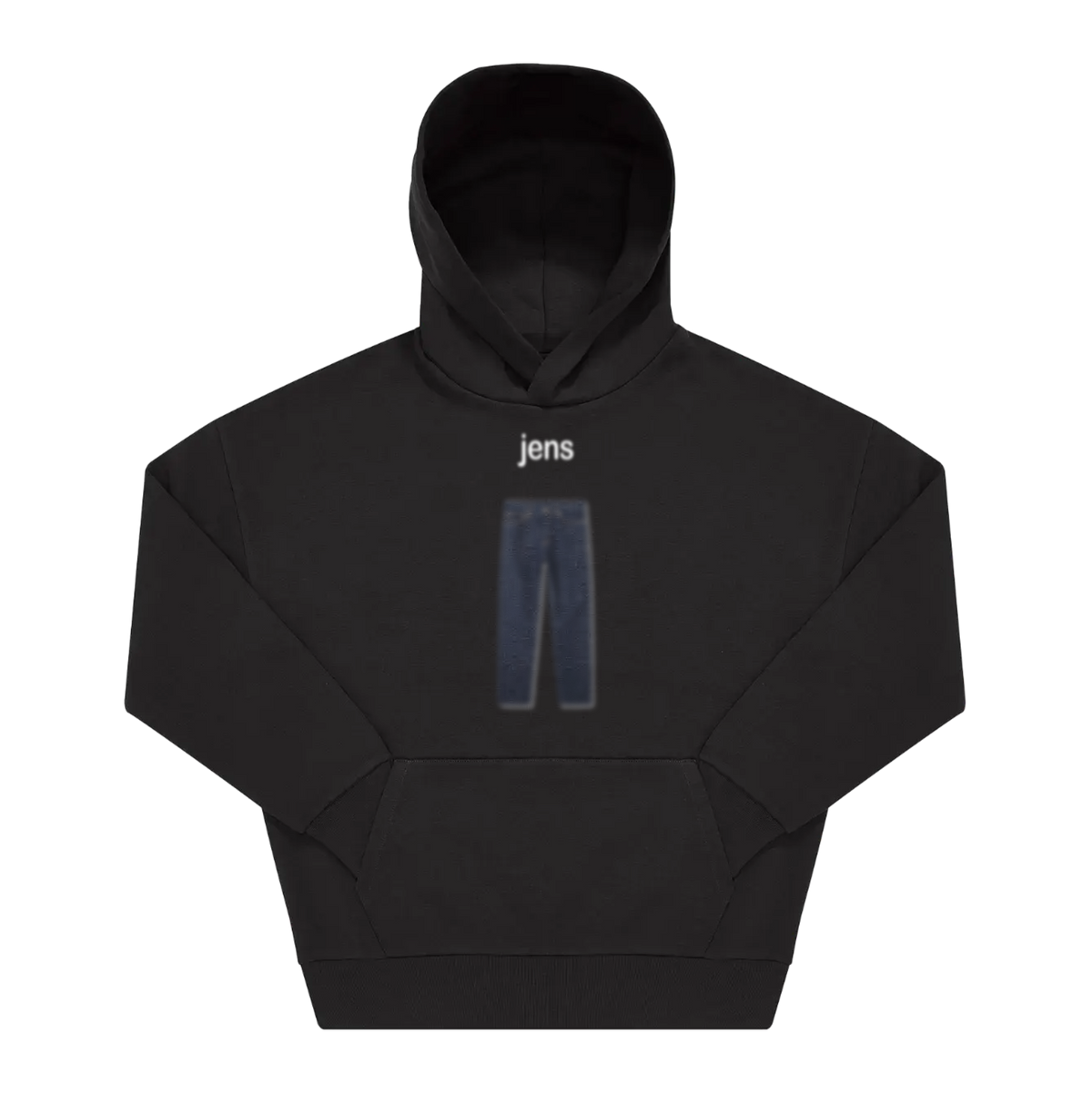 Schwarzer Hoodie mit Schriftzug „jens" und verschwommenem Jeans-Frontprint auf der Brust