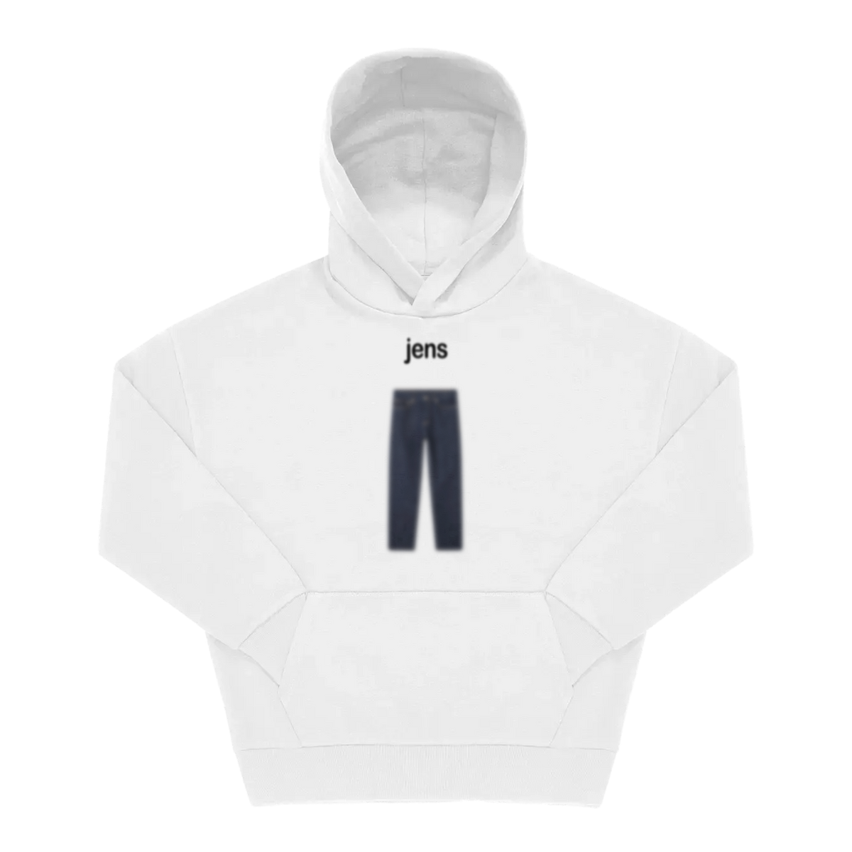 Weißer Hoodie mit Schriftzug „jens" und verschwommenem Jeans-Frontprint auf der Brust
