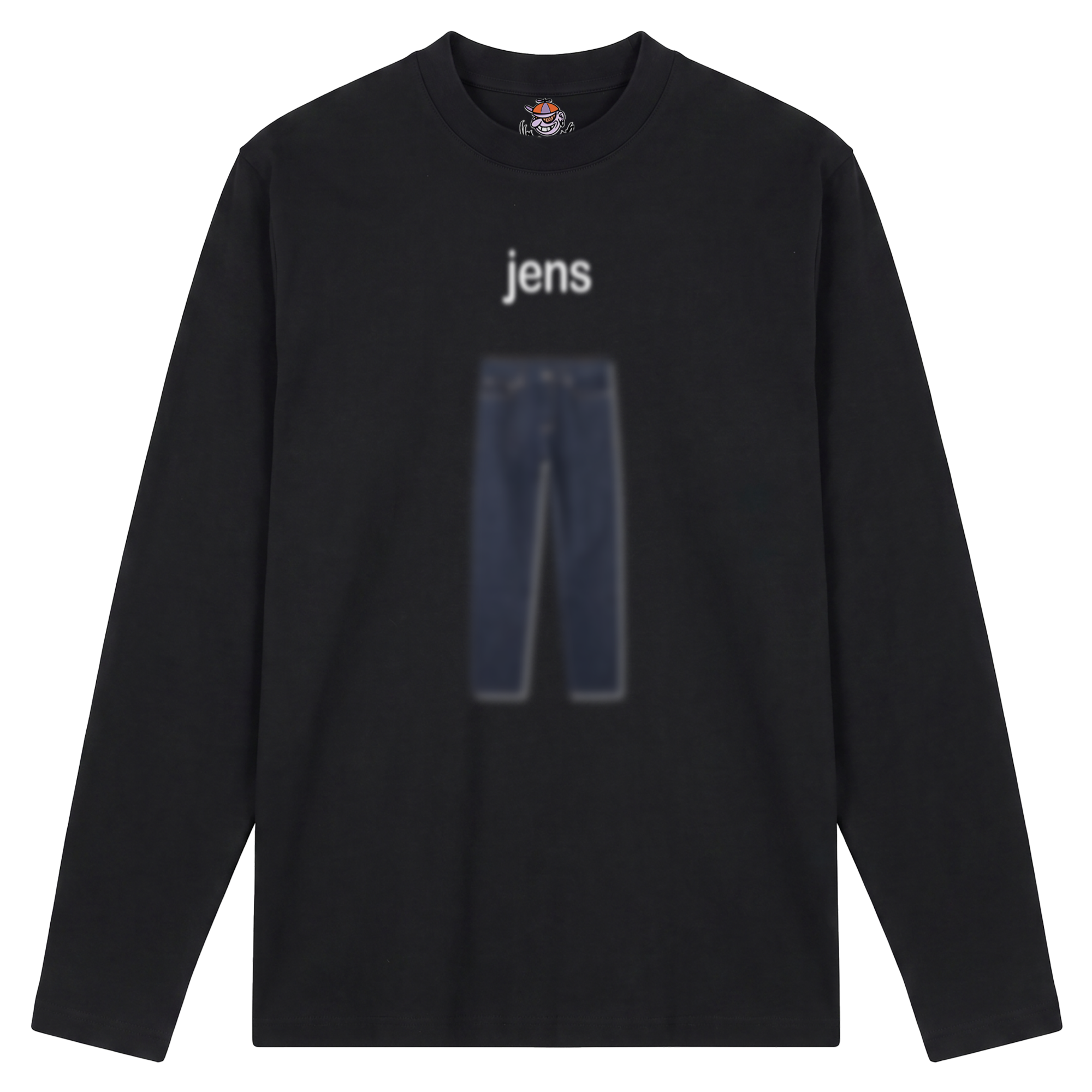 Produktbild schwarzes Longsleeve mit der Aufschrift "Jens" und einer unscharfen Jeans