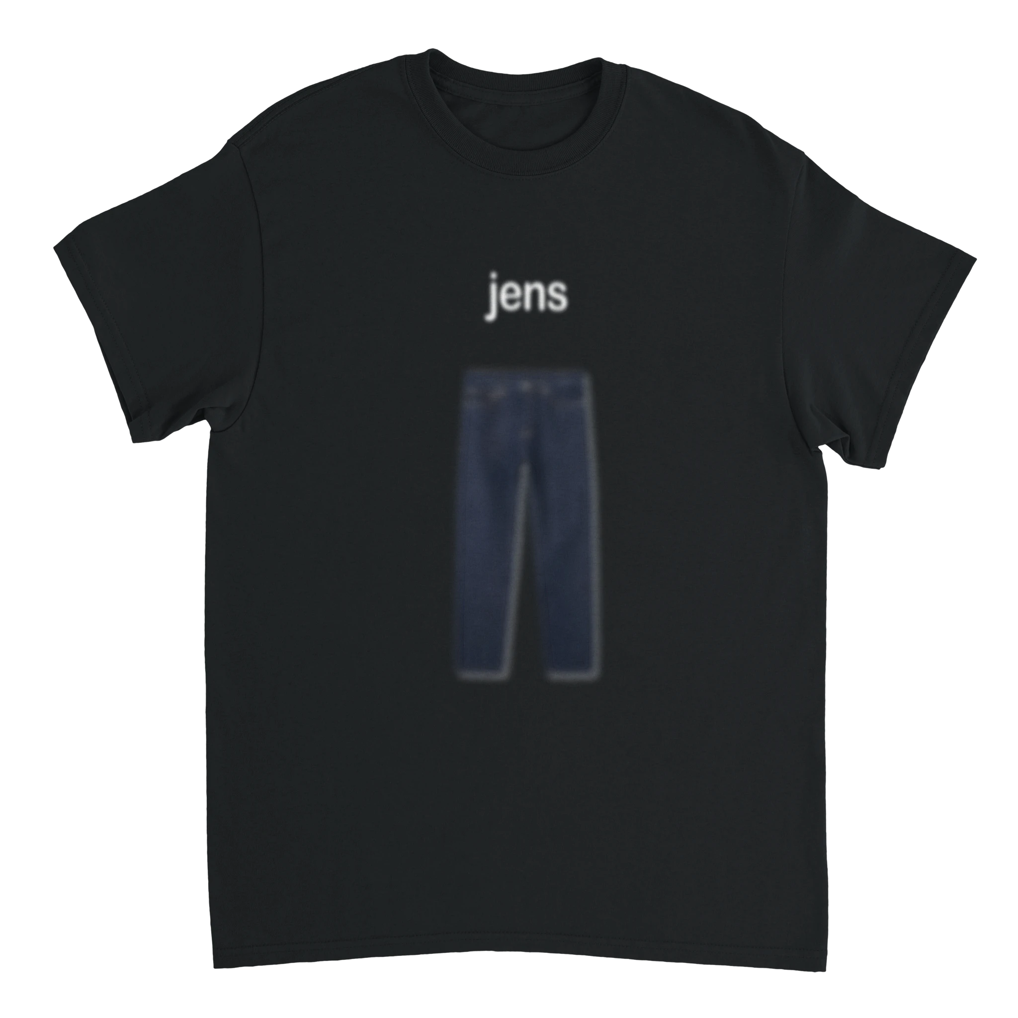 schwarzes T-Shirt mit einer Jeans und der Überschrift jens
