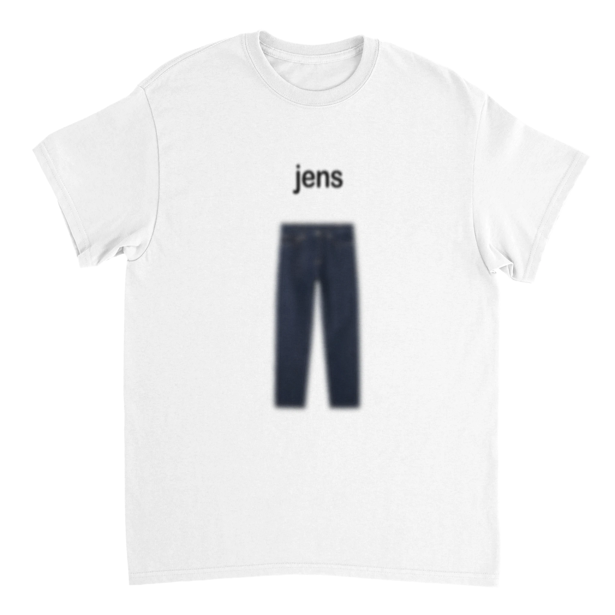 weißes T-Shirt mit einer Jeans und der Überschrift jens