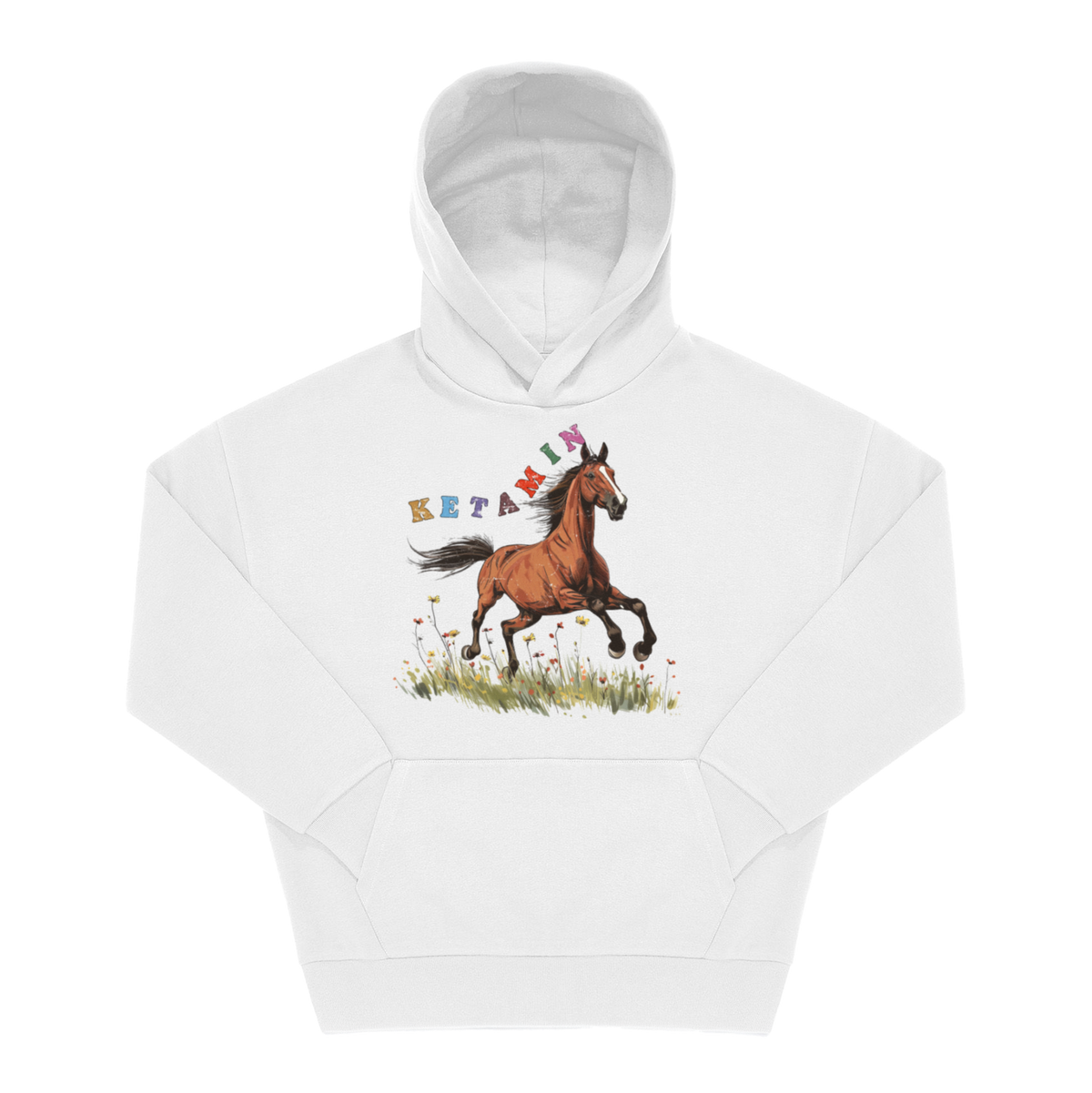 Weißer Hoodie mit Frontprint: galoppierendes Pferd auf Blumenwiese, Schriftzug „Ketamin" in bunten Blockbuchstaben