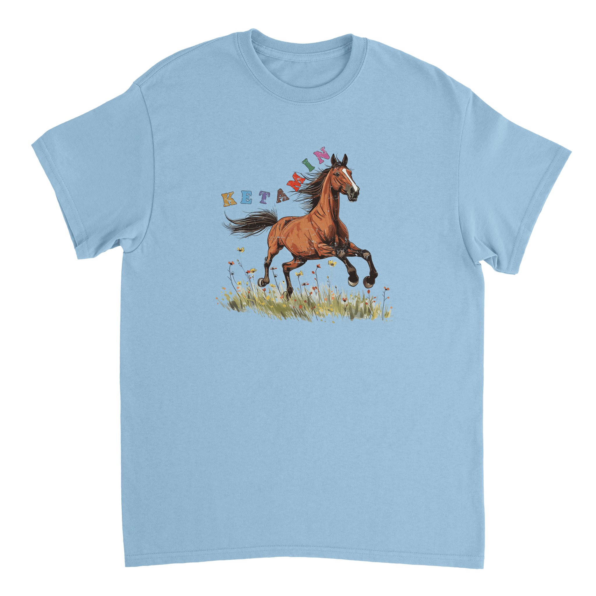 hellblaues T-Shirt mit einem Pferd und Ketamin Aufschrift