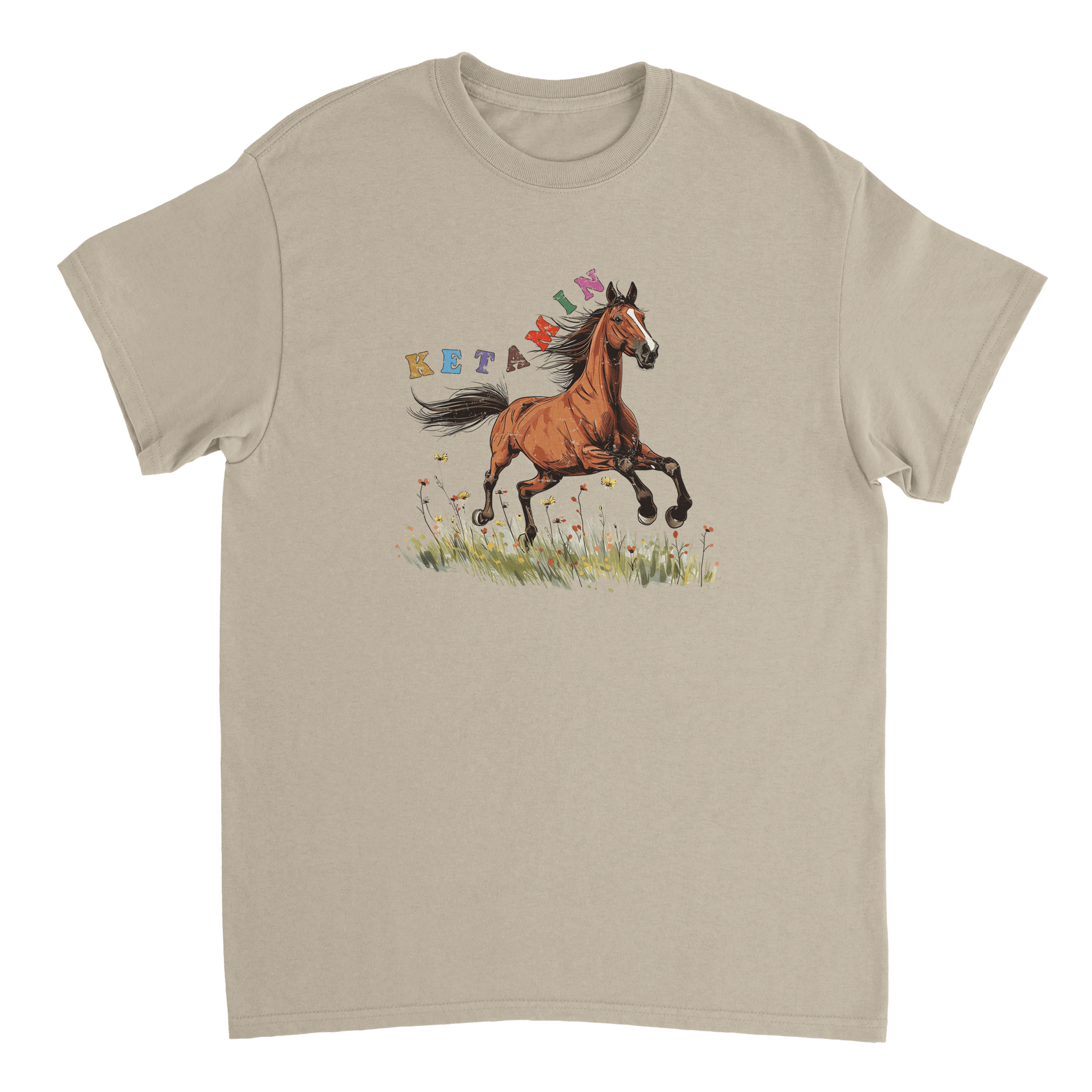 Sandfarbes T-Shirt mit einem Pferd und Ketamin Aufschrift