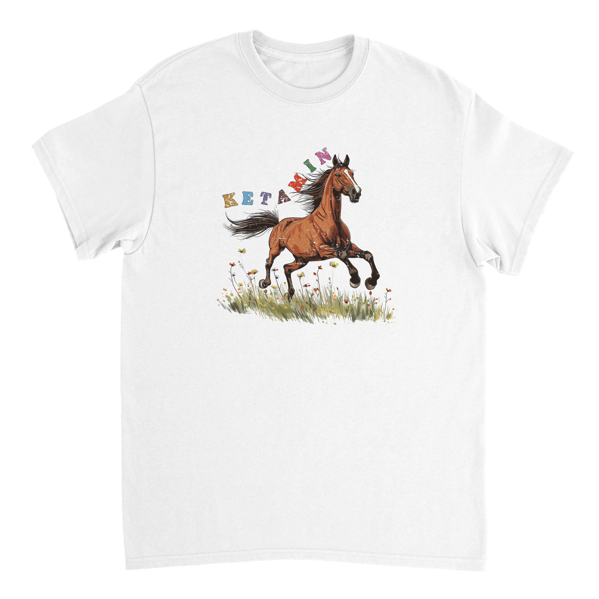 weißes T-Shirt mit einem Pferd und Ketamin Aufschrift