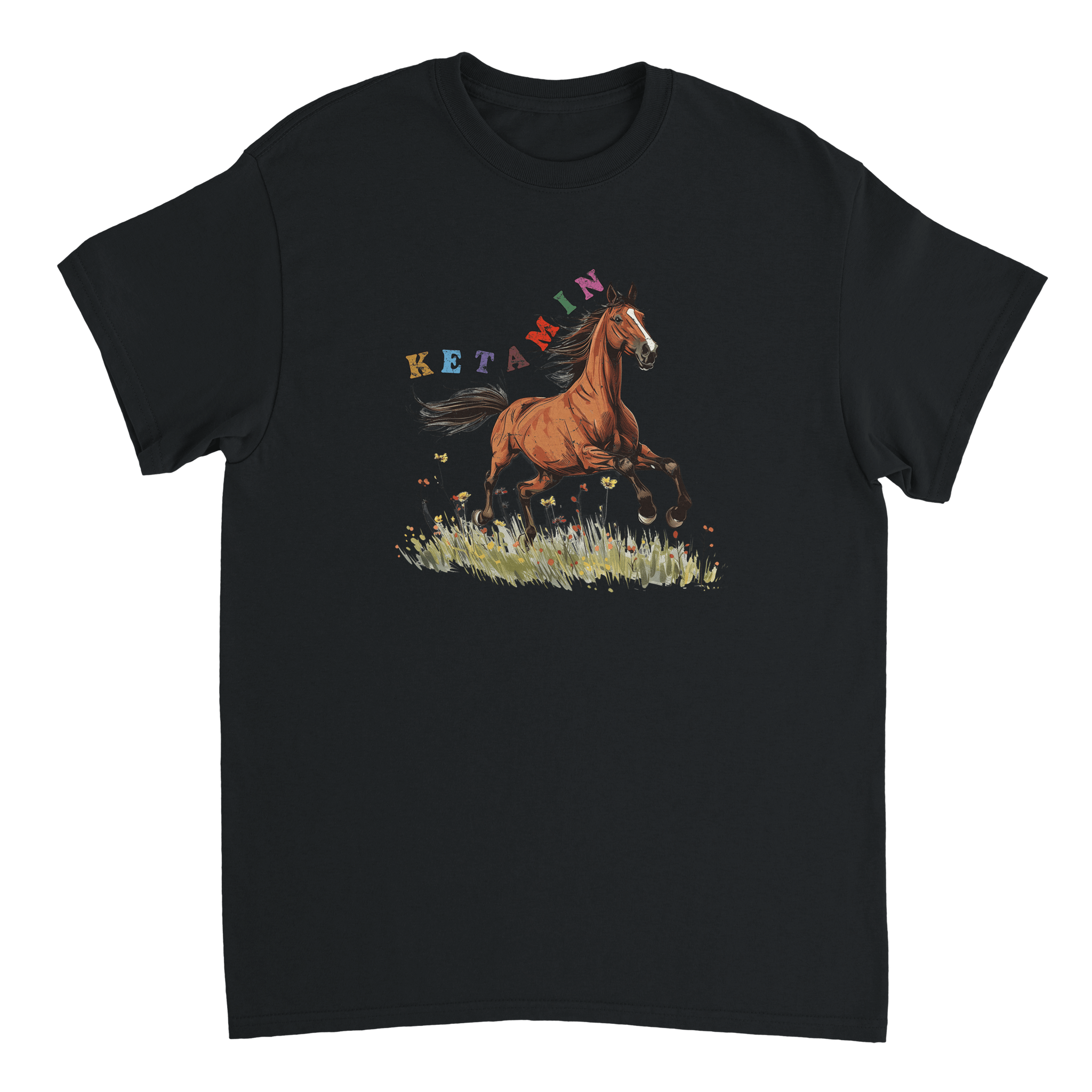 schwarzes T-Shirt mit einem Pferd und Ketamin Aufschrift