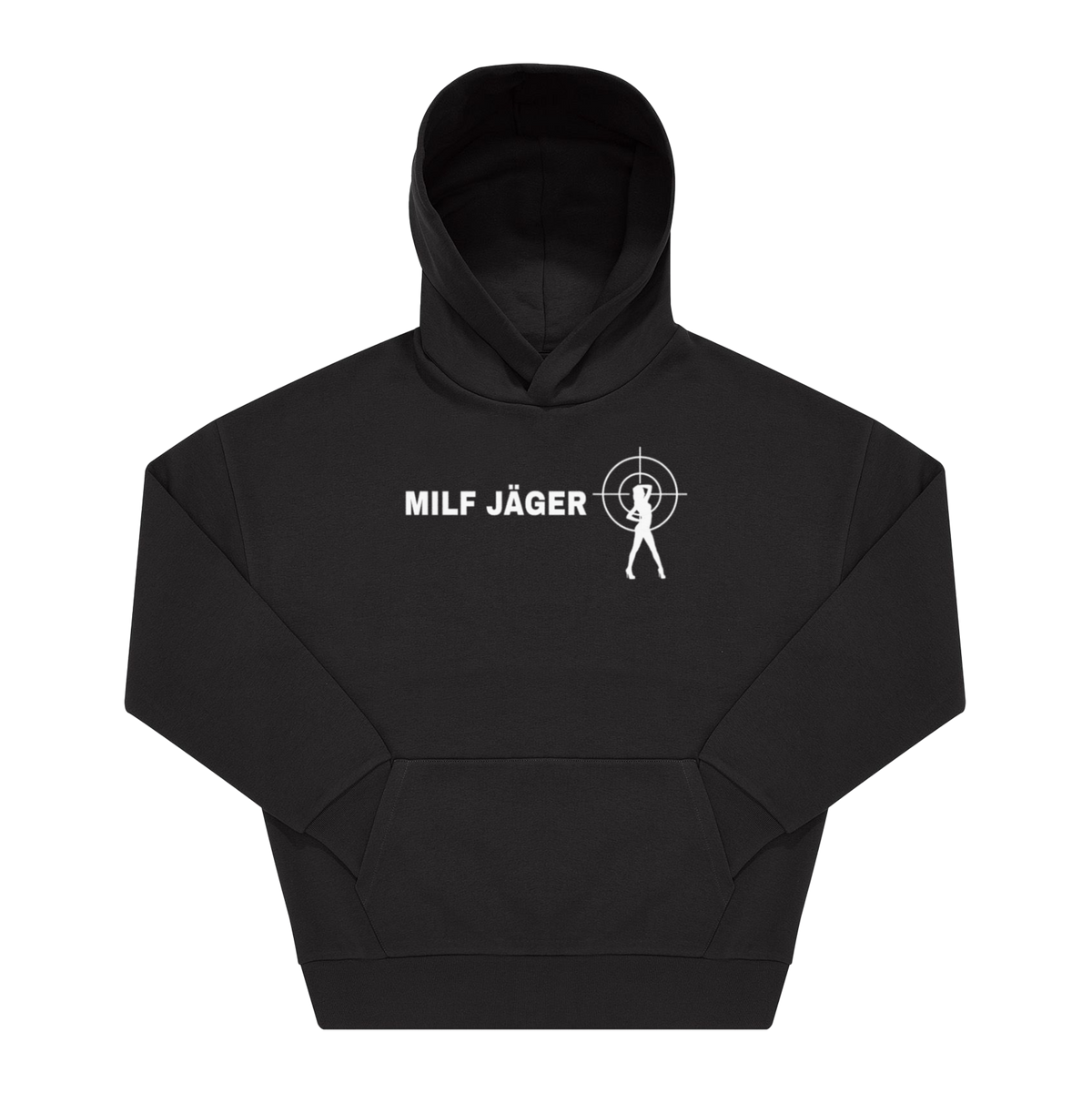 Schwarzer Hoodie mit weißem Brustprint „MILF JÄGER", Schriftzug neben Fadenkreuz mit weiblicher Silhouette.