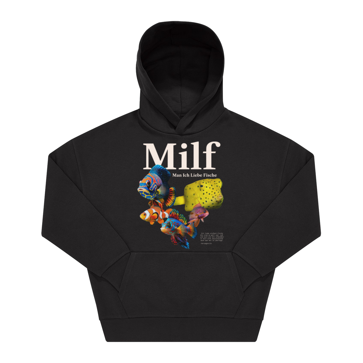 Schwarzer Hoodie mit Aufdruck „Milf, Man Ich Liebe Fische" und bunten Fisch-Grafiken auf der Front
