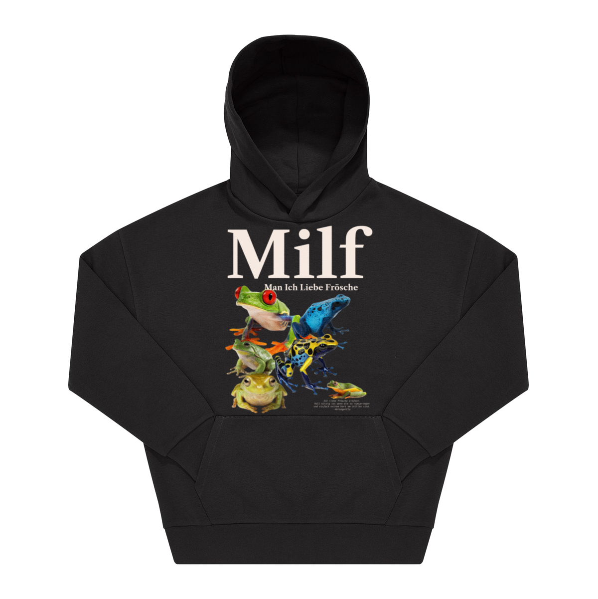 Schwarzer Hoodie mit Frontprint „Milf, Man Ich Liebe Frösche" und bunten Frosch-Fotos in Serifenschrift