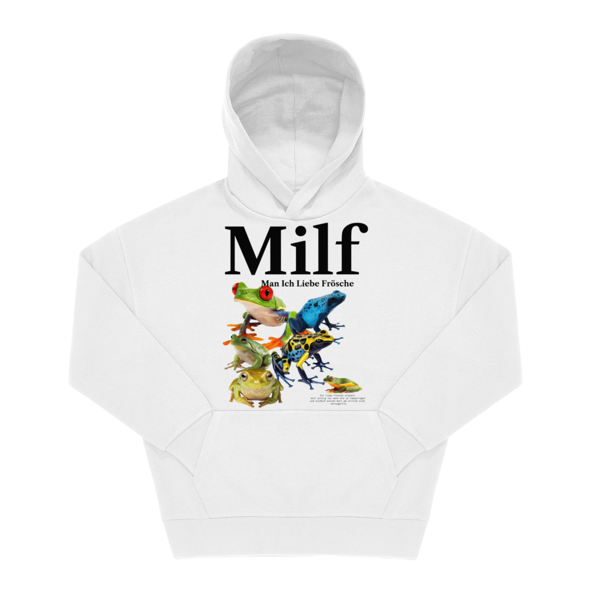 Weißer Hoodie mit Spruch „Milf, Man Ich Liebe Frösche", großer Frontprint mit vier Froschfotos in Farbe