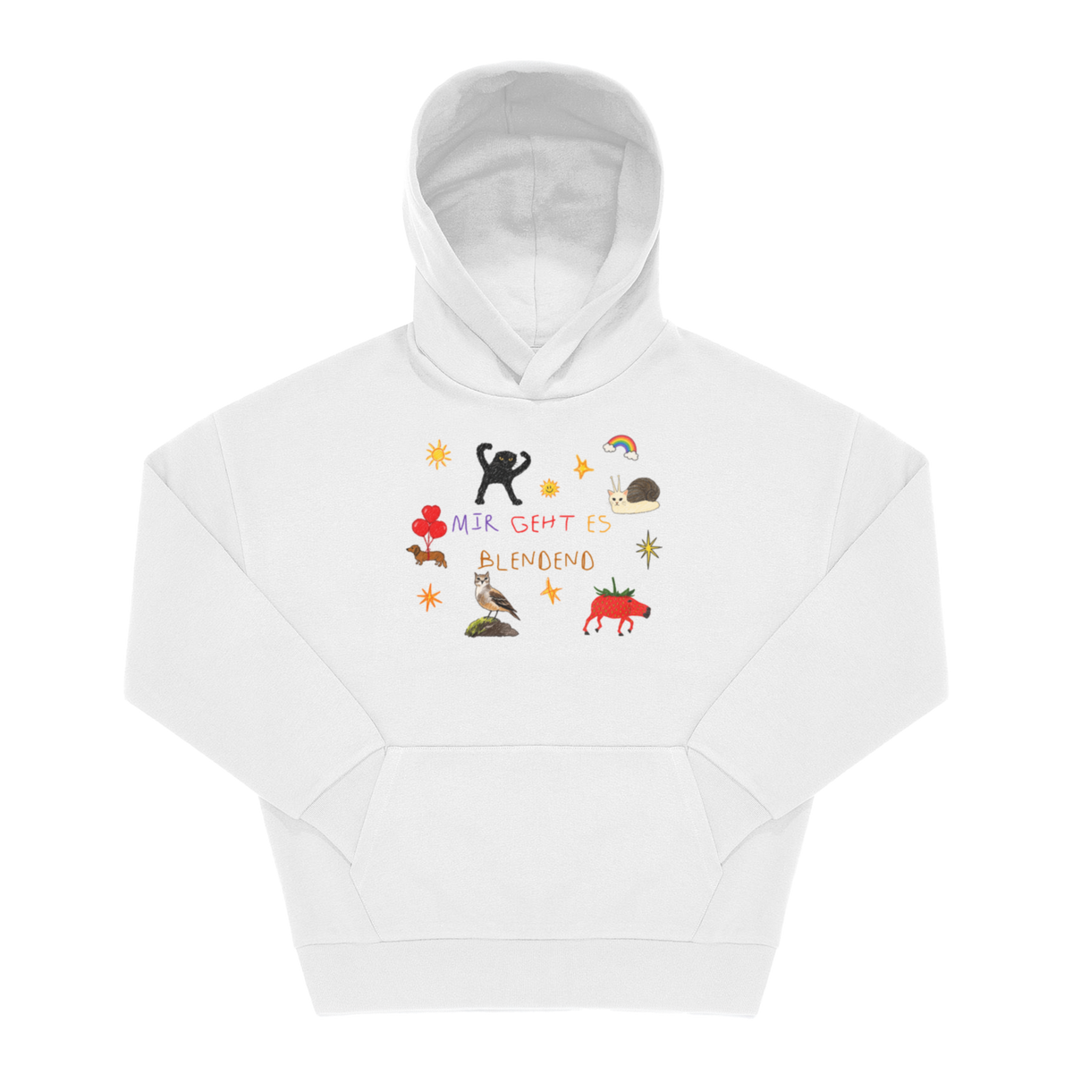 Weißer Hoodie mit Spruch „Mir geht es blendend", bunter Handschrift-Schrift und Illustrationen wie Katze, Schnecke