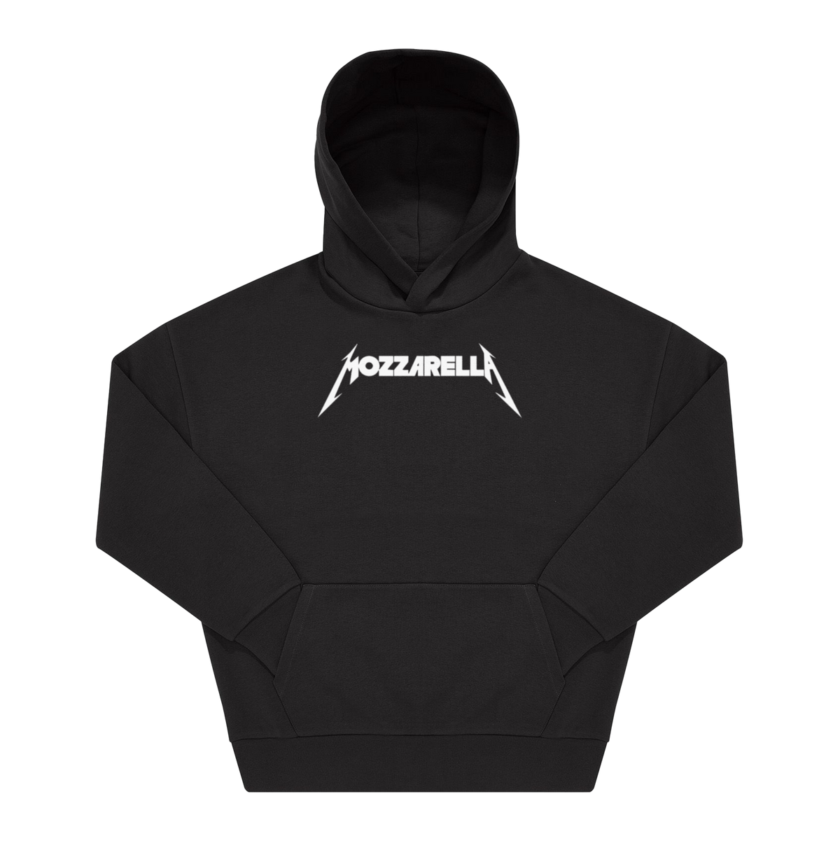 Schwarzer Hoodie mit weißem „Mozzarella"-Frontprint im Heavy-Metal-Schriftstil mit Blitzen