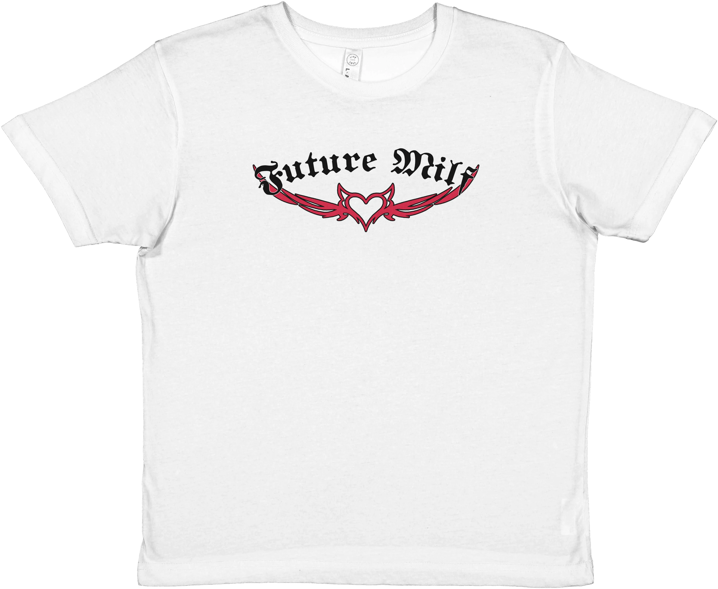 Produktbild von weißem Baby Tee mit der Aufschrift Future Milf