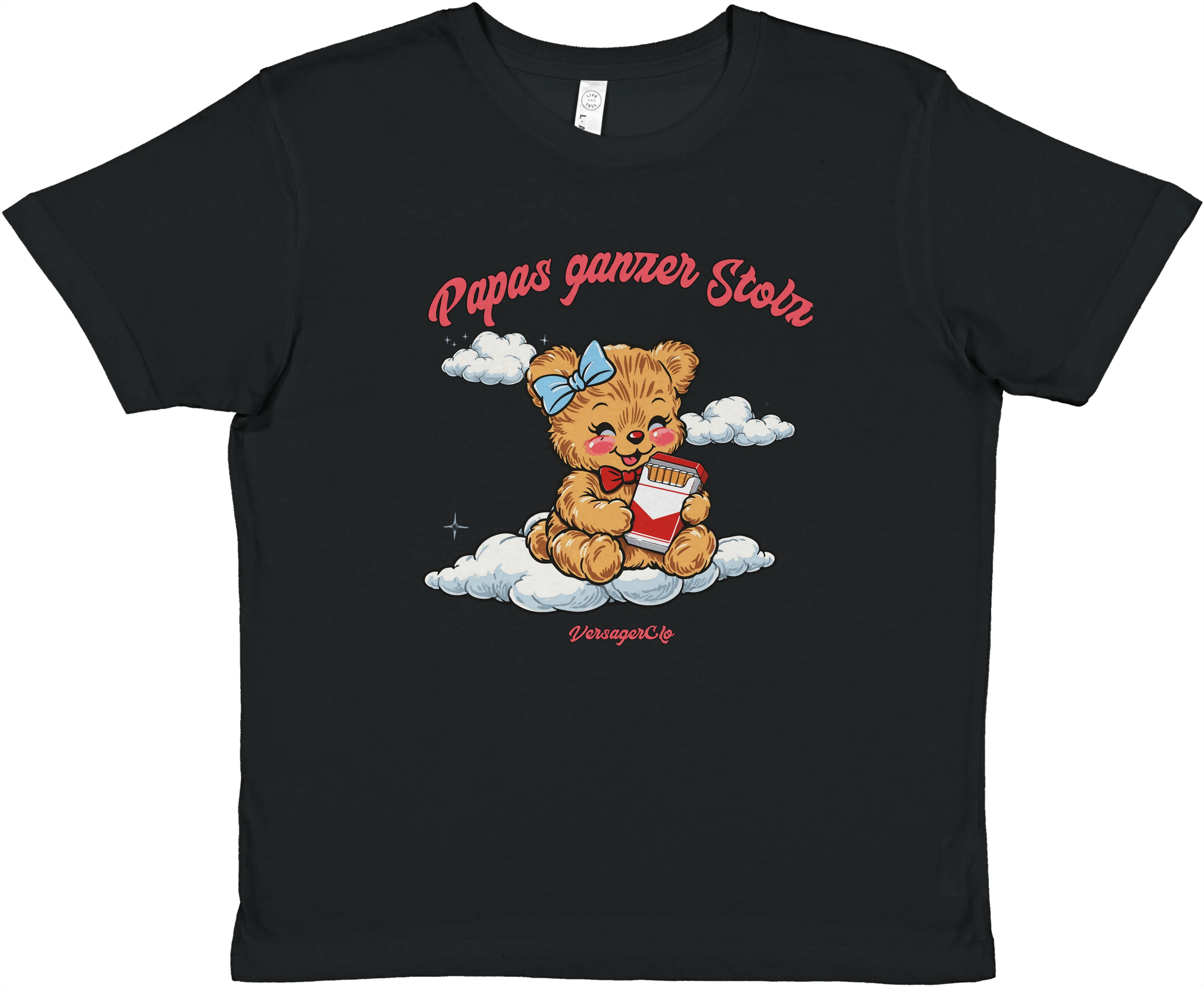 Produktbild von schwarzem Baby Tee mit der Aufschrift Papas ganzer Stolz und einem glücklichem Bär, der eine Zigarettenschachtel hält