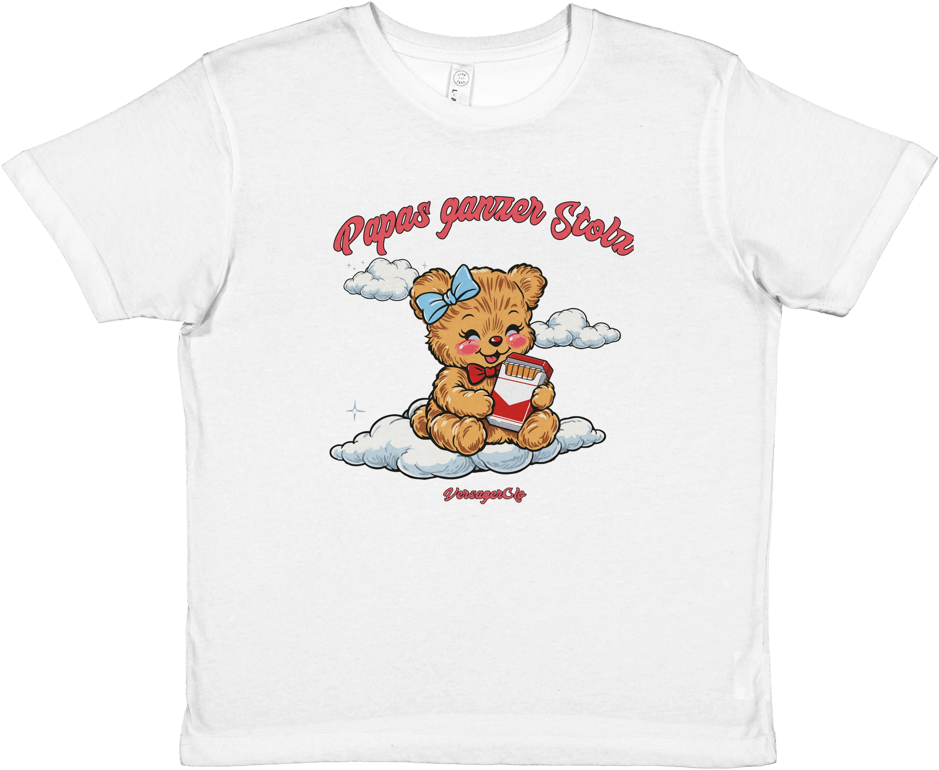 Produktbild von weißem Baby Tee mit der Aufschrift Papas ganzer Stolz und einem glücklichem Bär, der eine Zigarettenschachtel hält