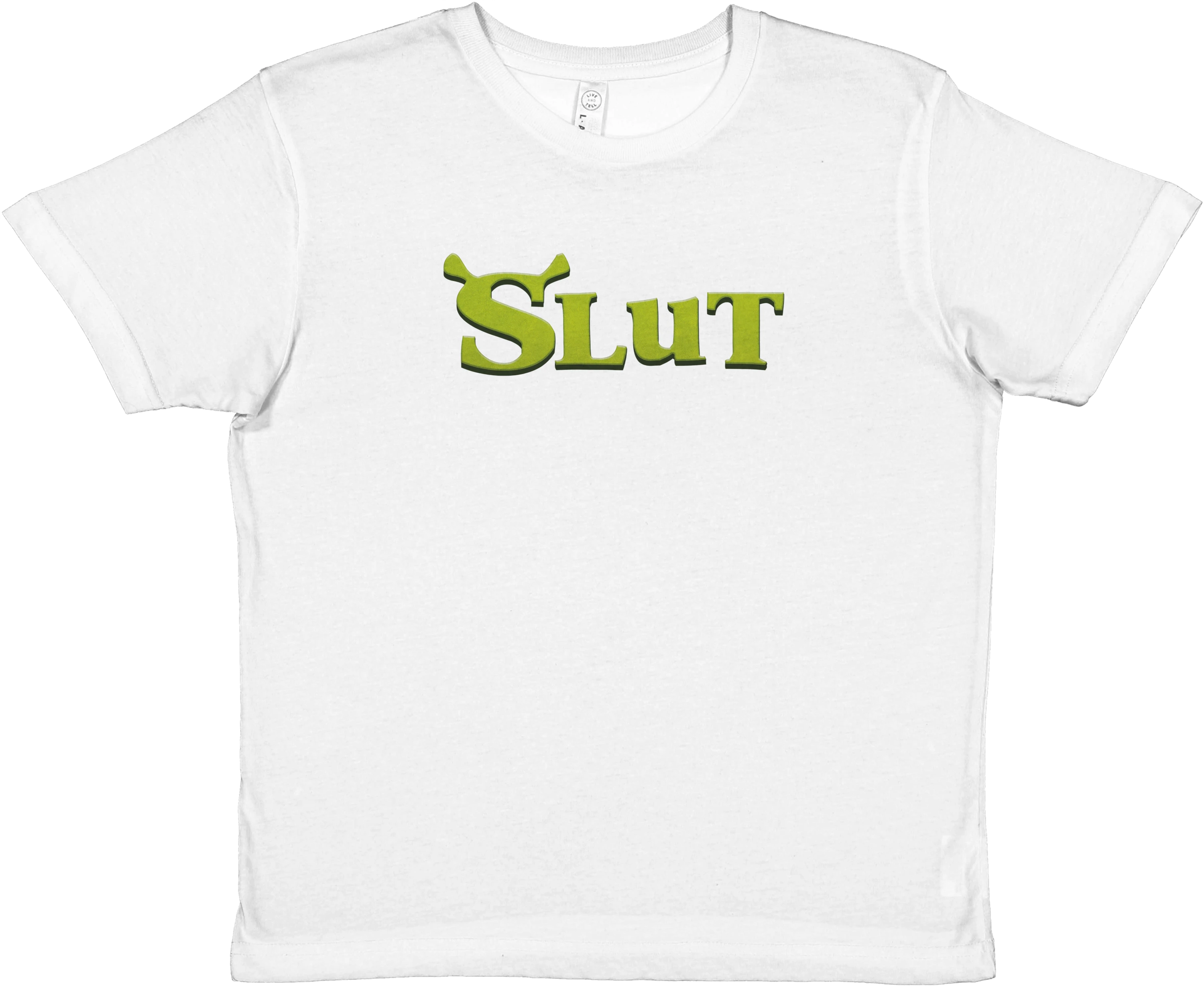 Produktbild von weißem Baby Tee mit der Aufschrift "Slut"