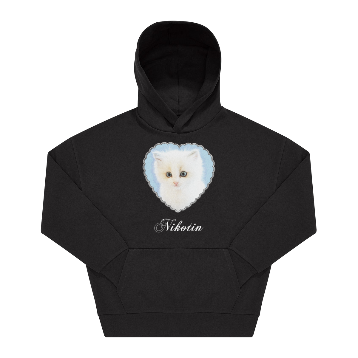 Schwarzer Hoodie mit Frontprint: weißes Kätzchen in blauem Herzrahmen, darunter „Nikotin" in Kursivschrift