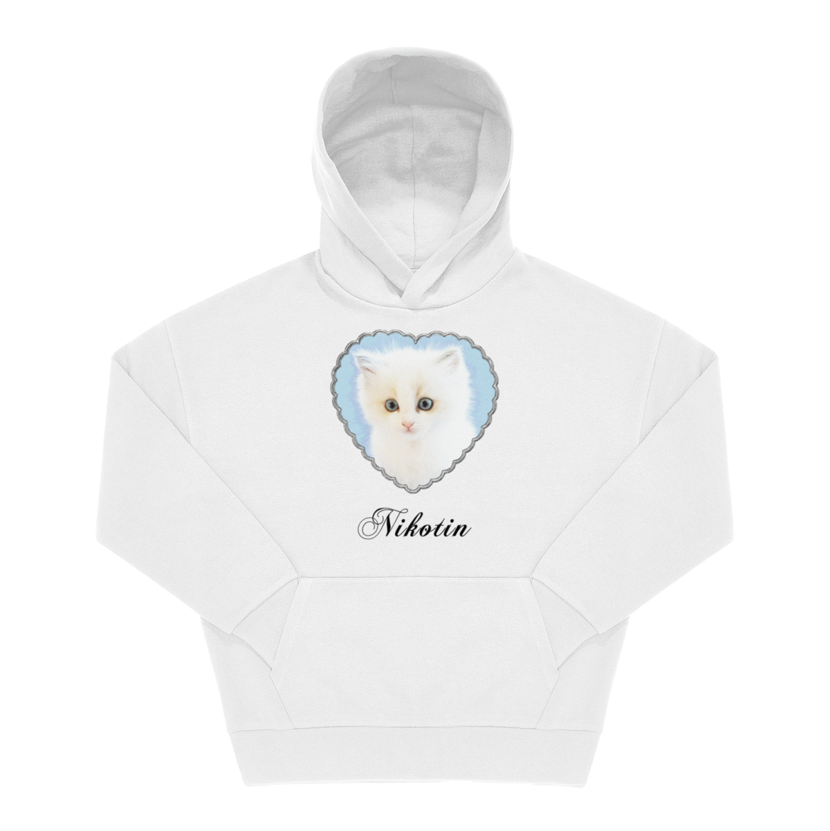 Weißer Hoodie mit Frontprint: weißes Kätzchen in blauem Herzrahmen, darunter „Nikotin" in schwarzer Kursivschrift