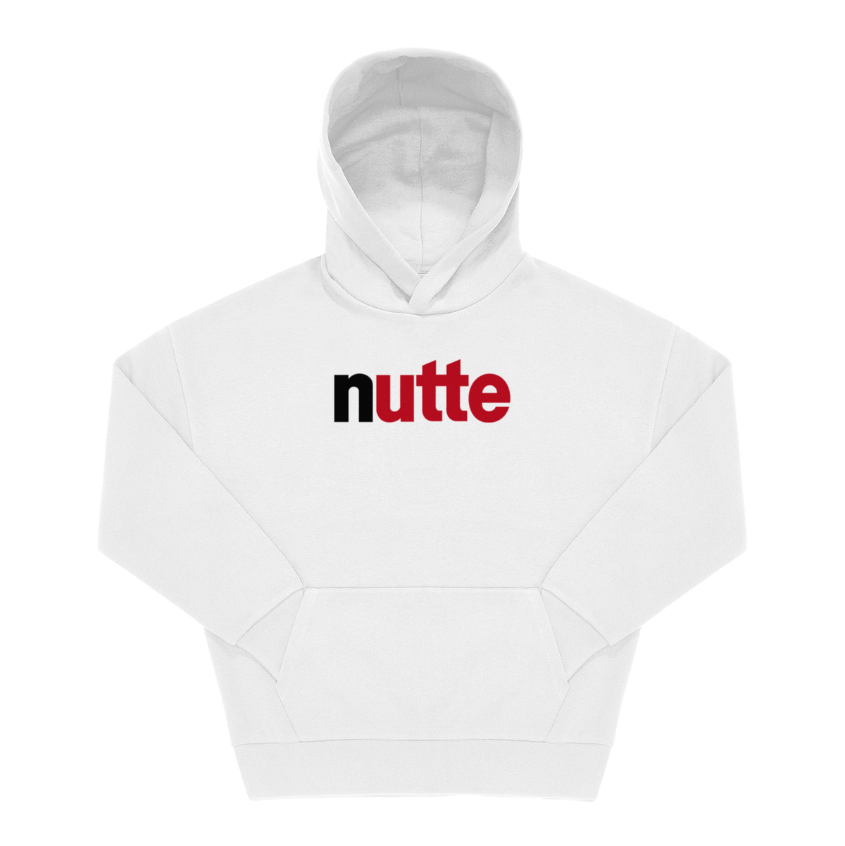 Weißer Hoodie mit Frontprint „nutte" in schwarz-roter Schrift im bekannten Schokoaufstrich-Stil